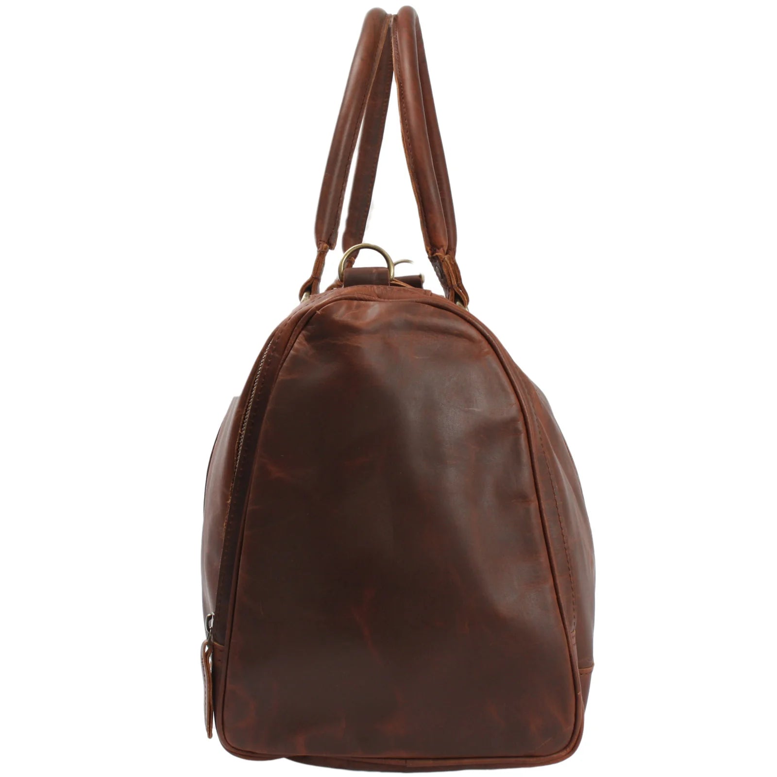 Brown Heritage leather duffel, end view showing rounded profile and full-length side zipper