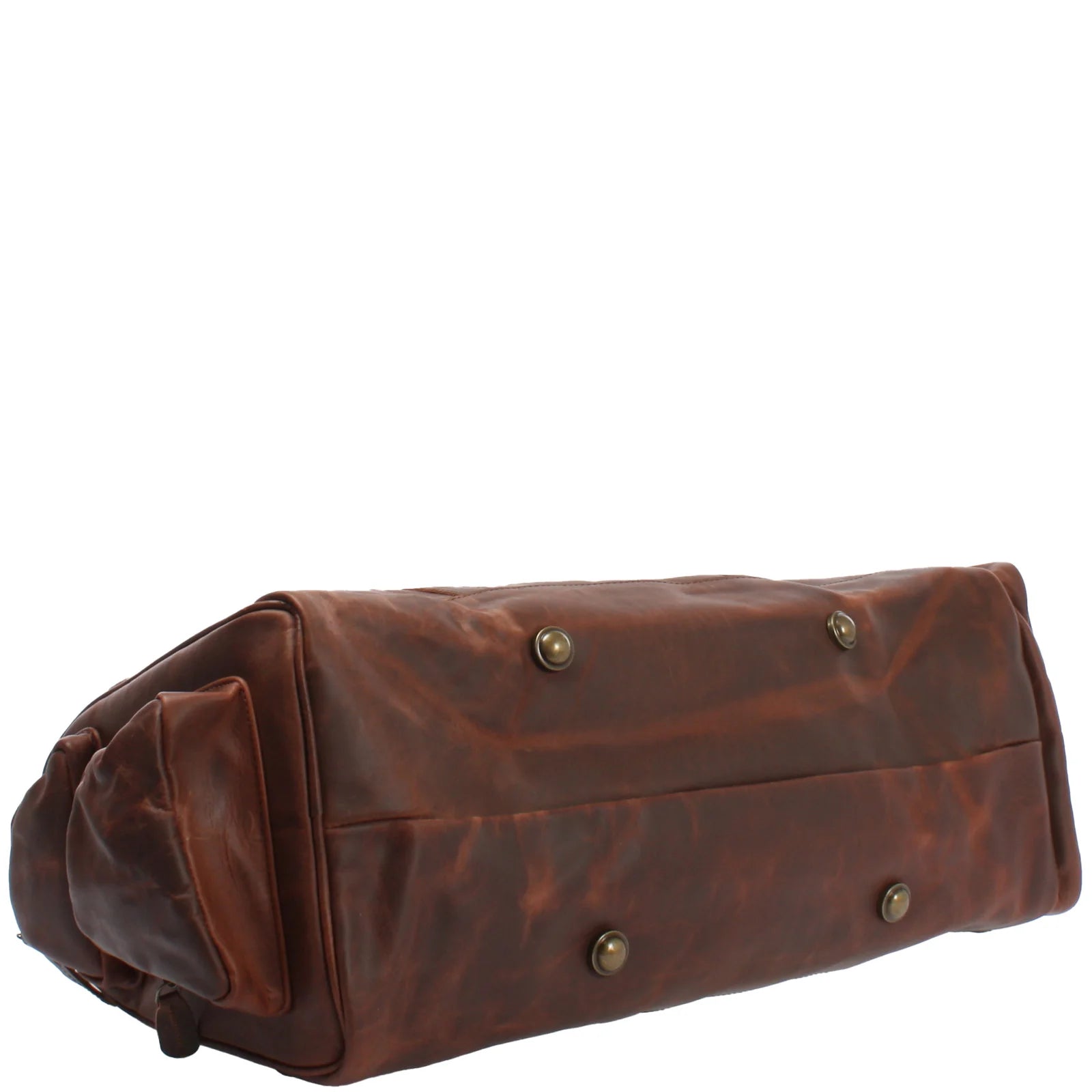 Brown Heritage leather duffel, bottom view showing distressed finish and four metal feet