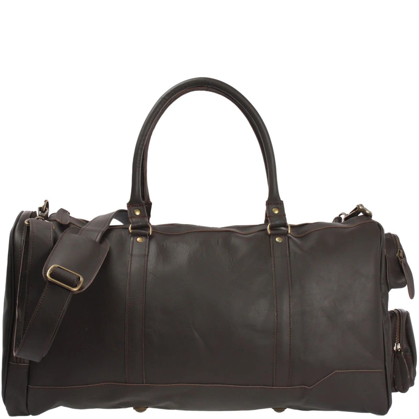 Dark brown Heritage leather weekender duffel, front view with top handles, side pockets, and shoulder strap