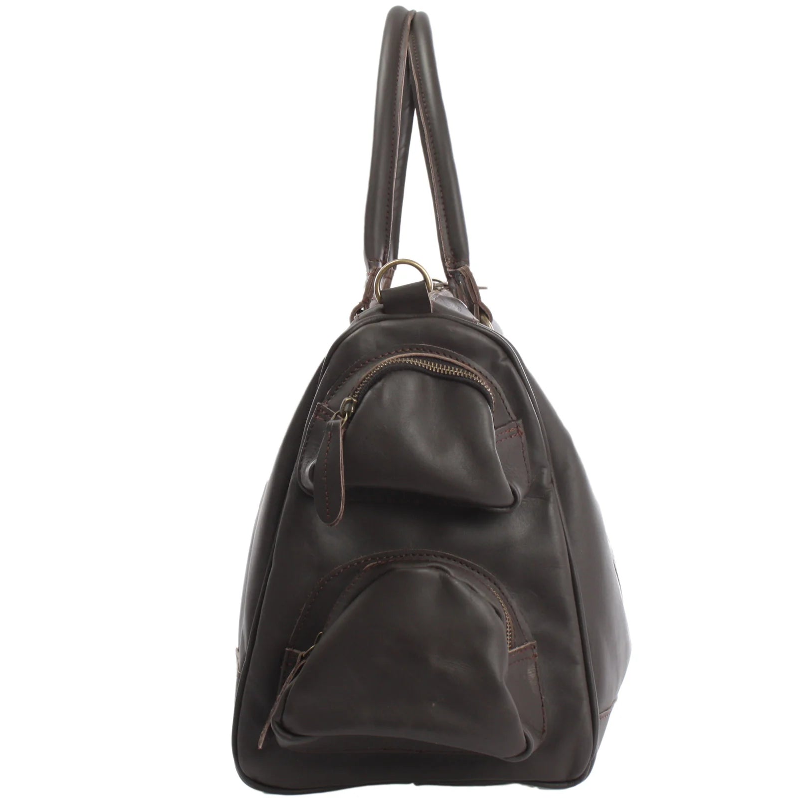 Dark brown Heritage duffel, end view showing two zippered side pockets and strap attachment ring