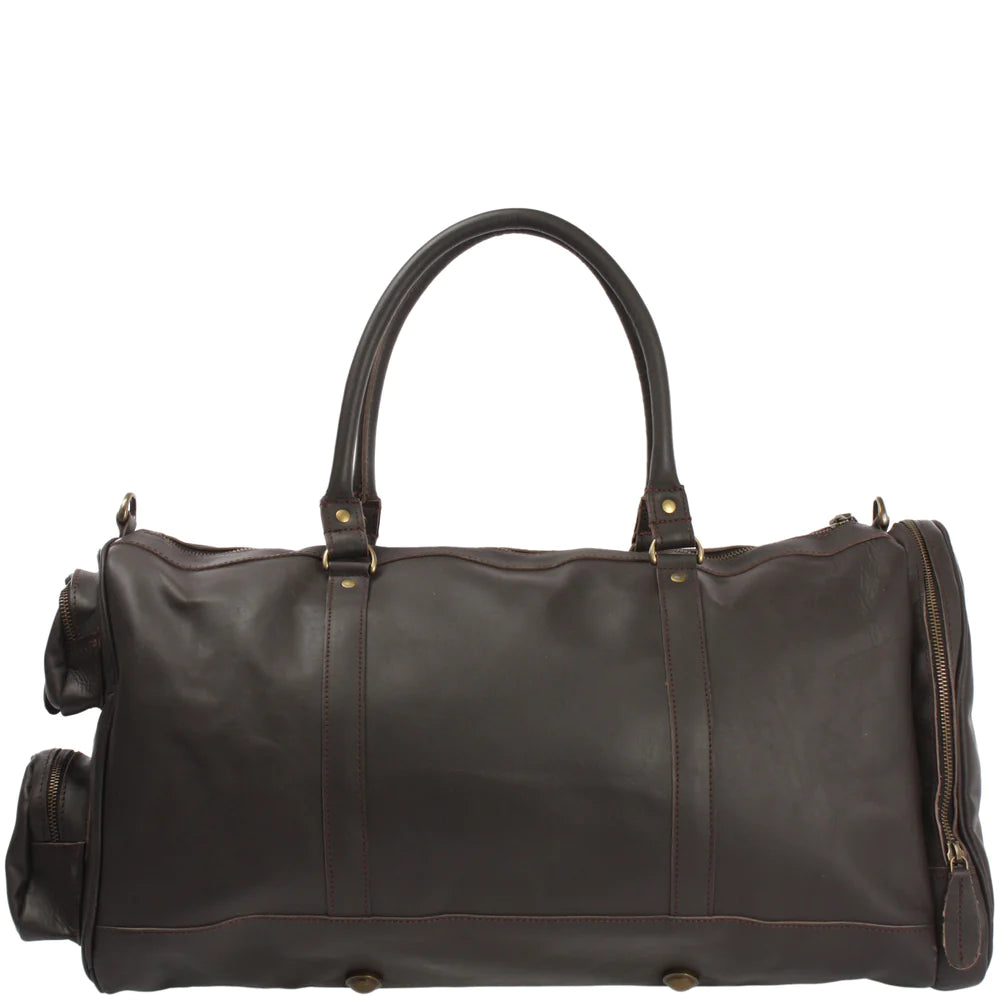 Dark brown Heritage leather duffel, opposite side view with reinforced handles and full-length end zipper