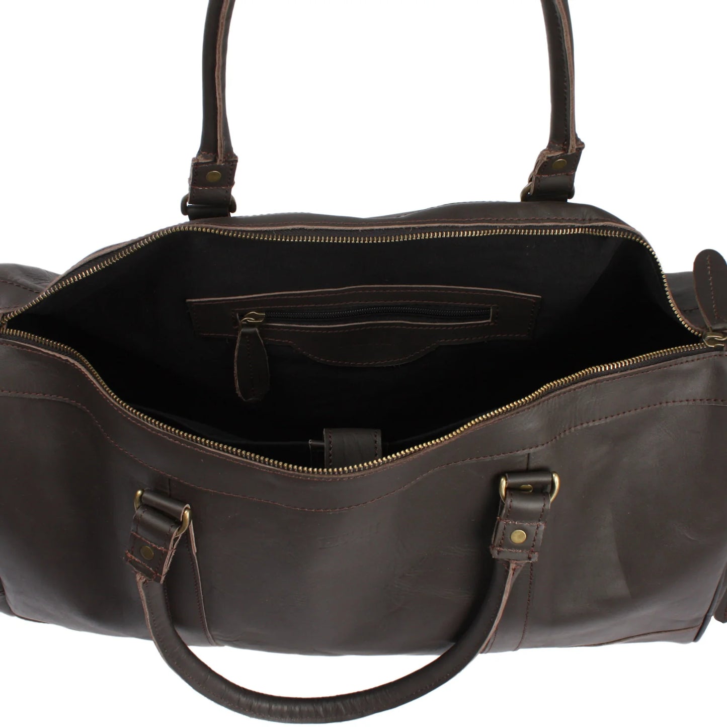 Open dark brown Heritage duffel showing dark lining, interior zip pocket, and wide main compartment