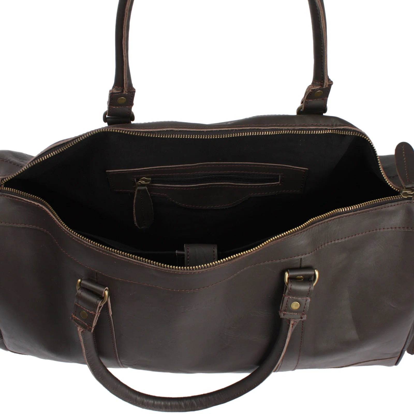 Open dark brown Heritage duffel showing dark lining, interior zip pocket, and wide main compartment