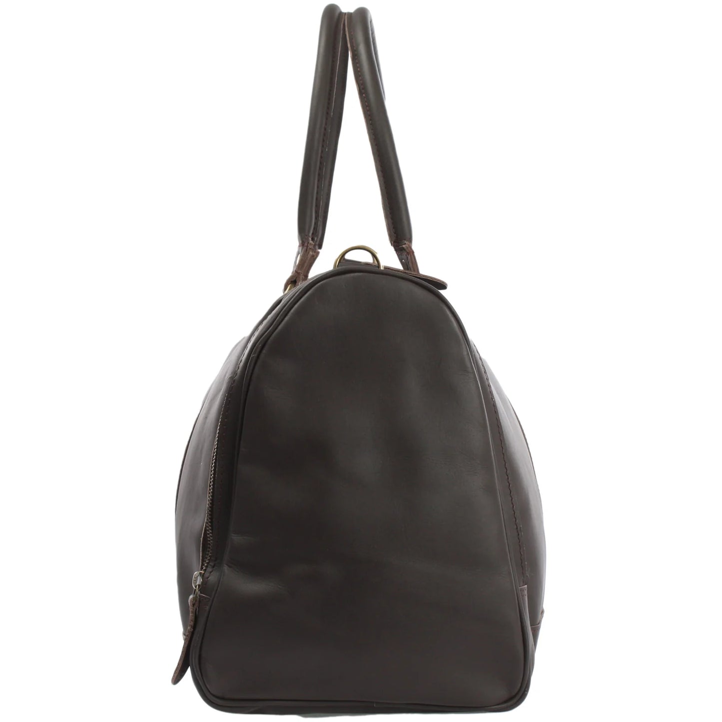 Dark brown Heritage leather duffel, end view showing rounded profile and full-length side zipper