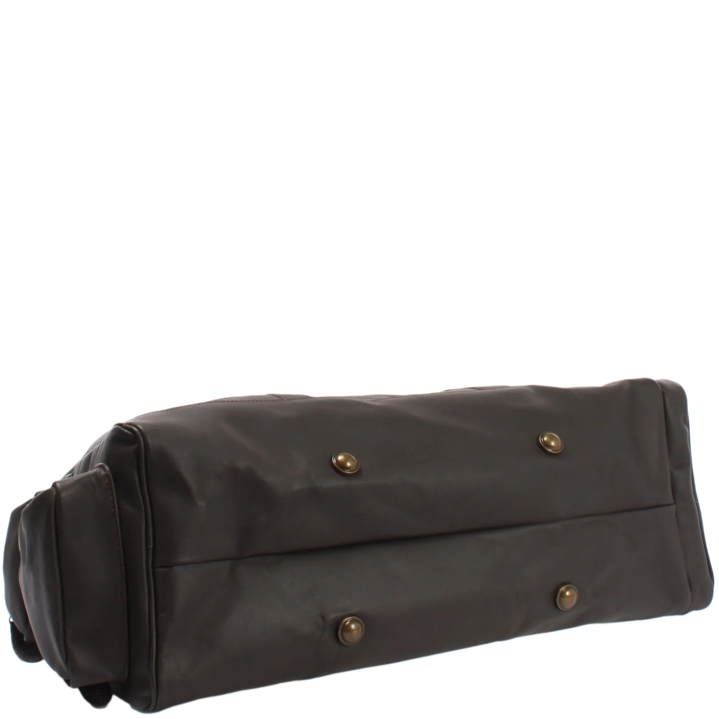 Dark brown Heritage leather duffel, bottom view with reinforced base and four metal feet
