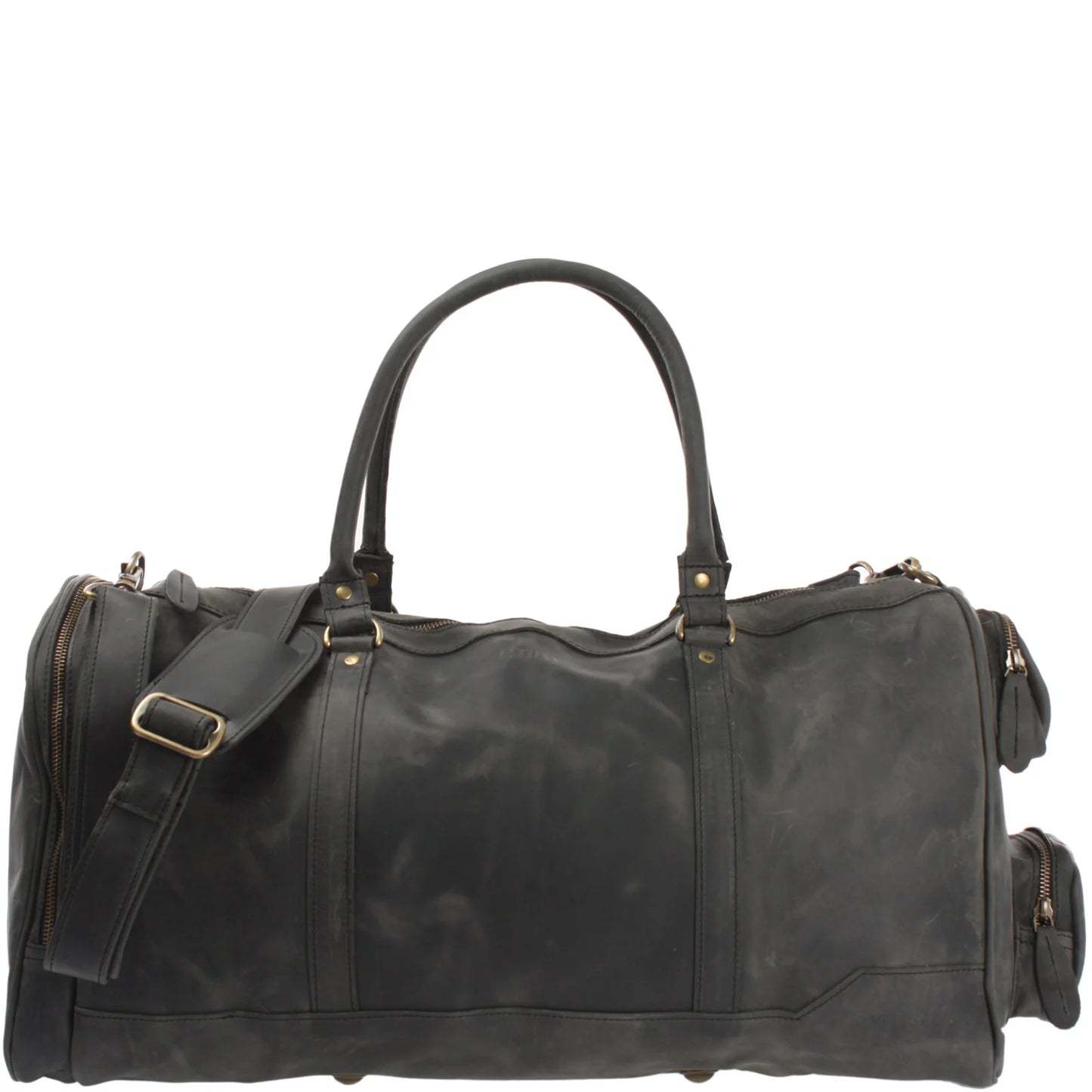 Gray Heritage full-grain leather weekender duffel, front view with handles, side pockets, and shoulder strap
