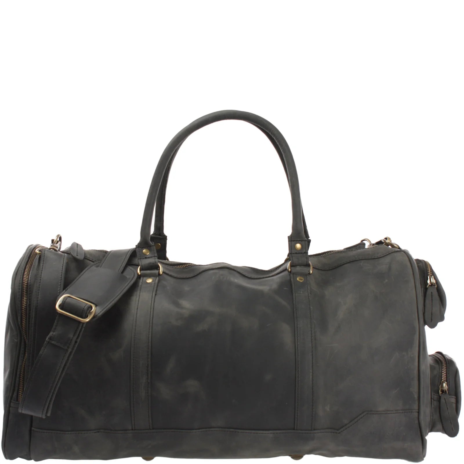 Gray Heritage full-grain leather weekender duffel, front view with handles, side pockets, and shoulder strap
