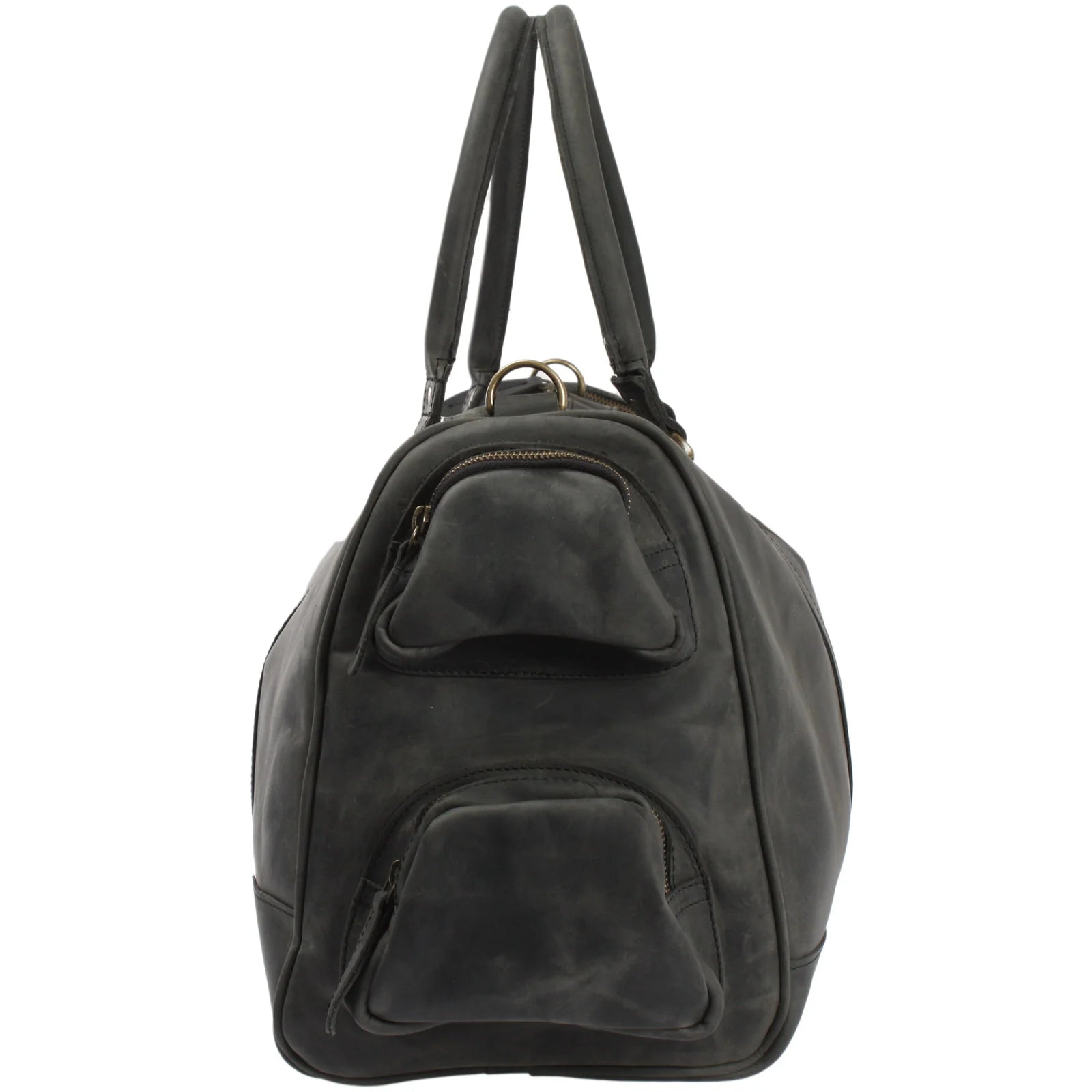Gray Heritage leather duffel, end view showing two zippered side pockets and strap attachment ring