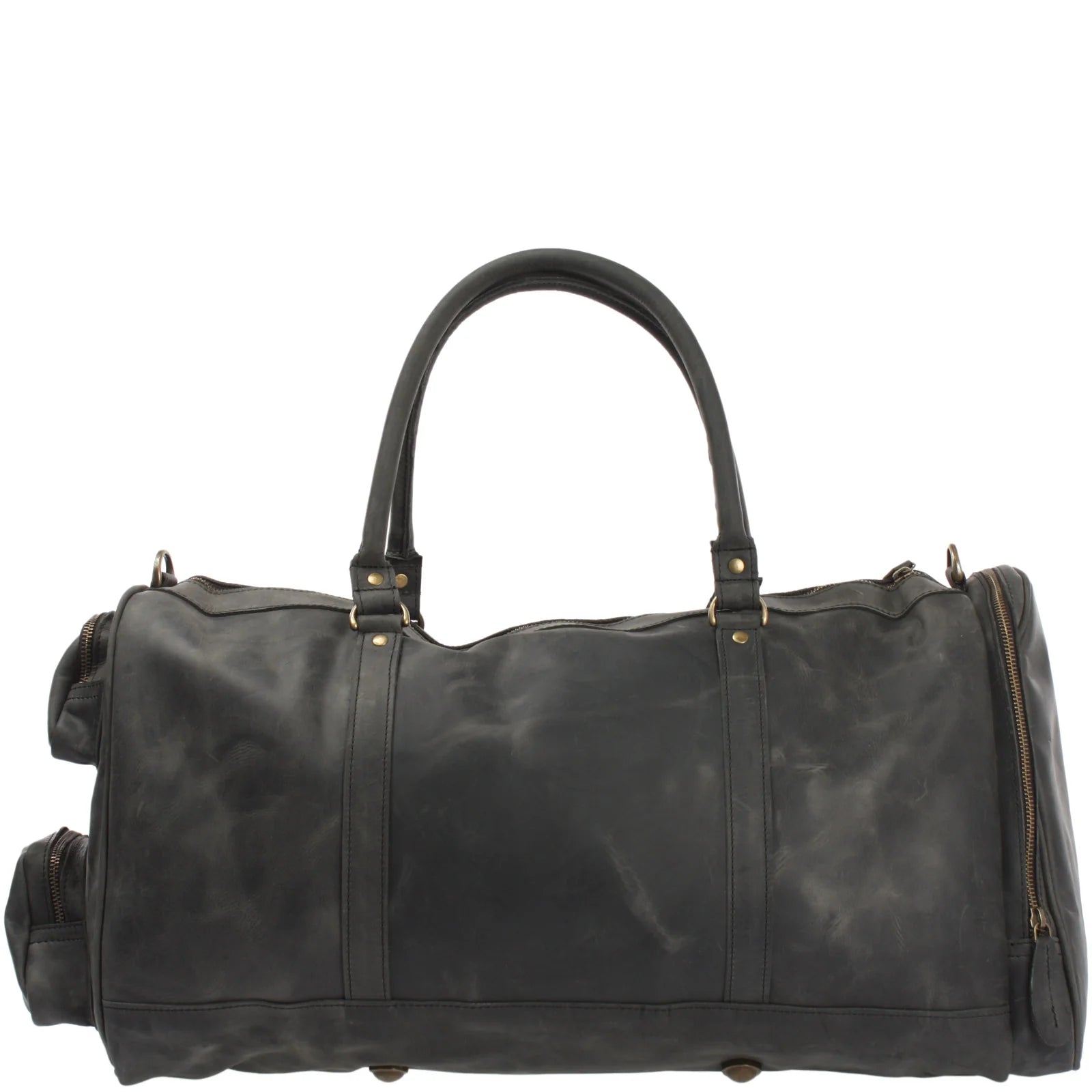 Gray Heritage leather duffel, opposite side view with reinforced handles and full-length end zipper