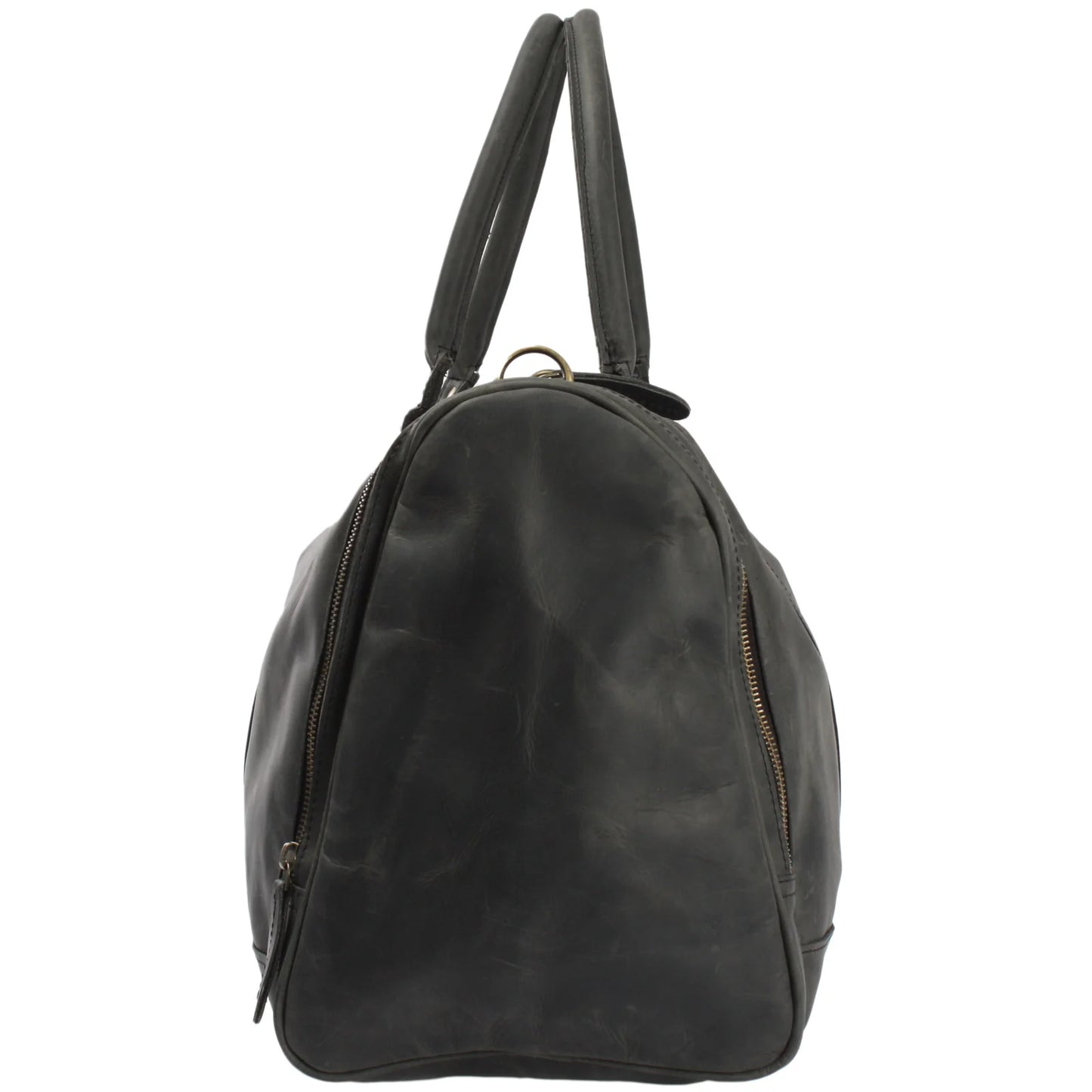 Gray Heritage leather duffel, end view showing rounded profile and full-length side zipper