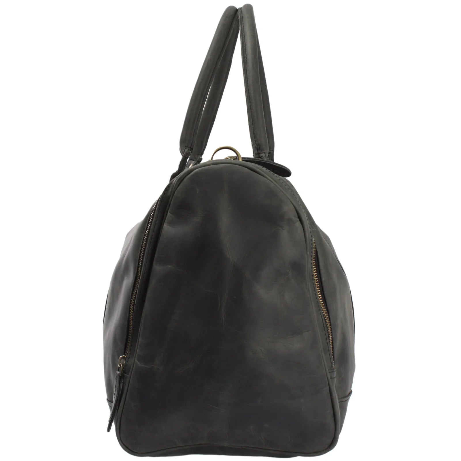 Gray Heritage leather duffel, end view showing rounded profile and full-length side zipper