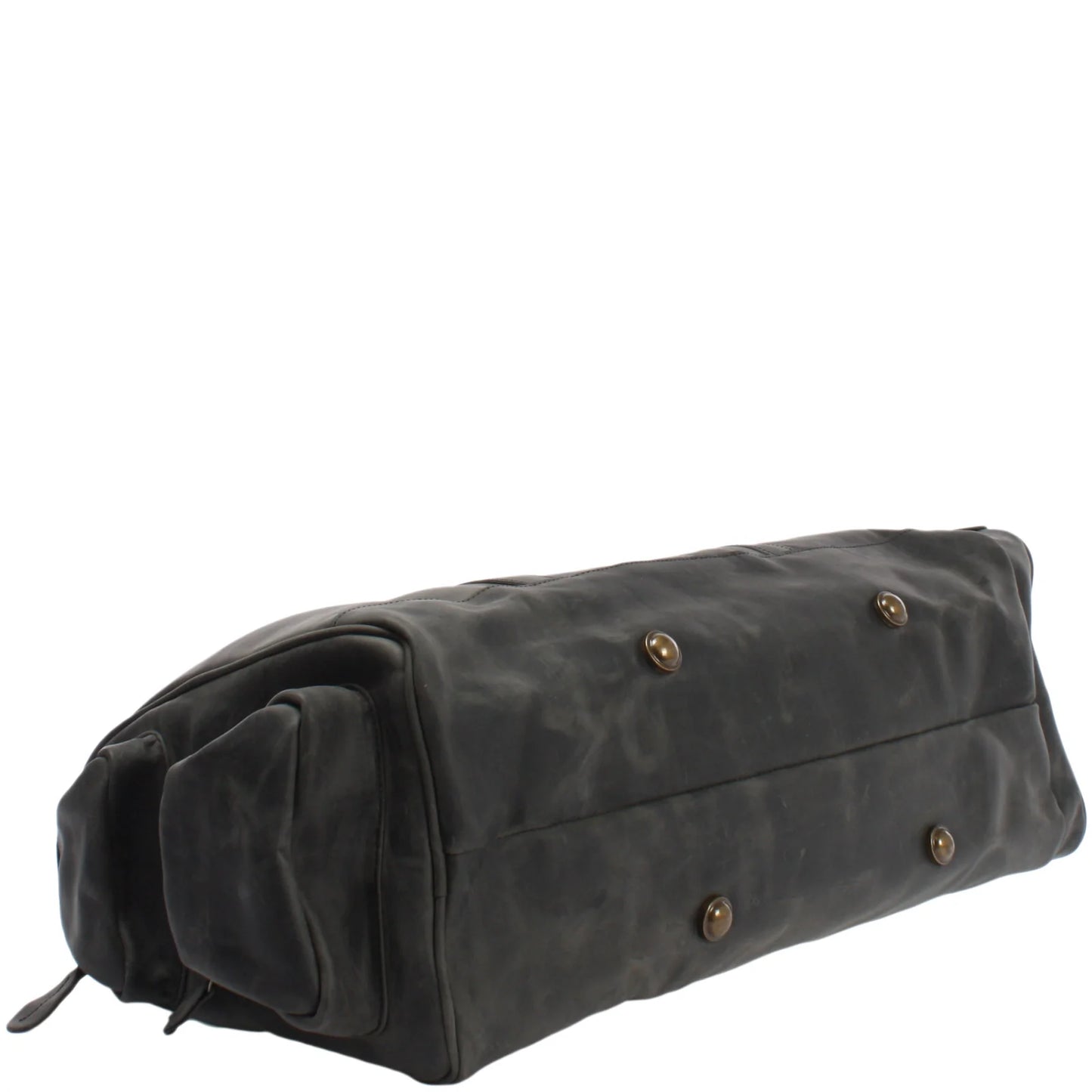 Gray Heritage leather duffel, bottom view showing distressed finish and four metal feet