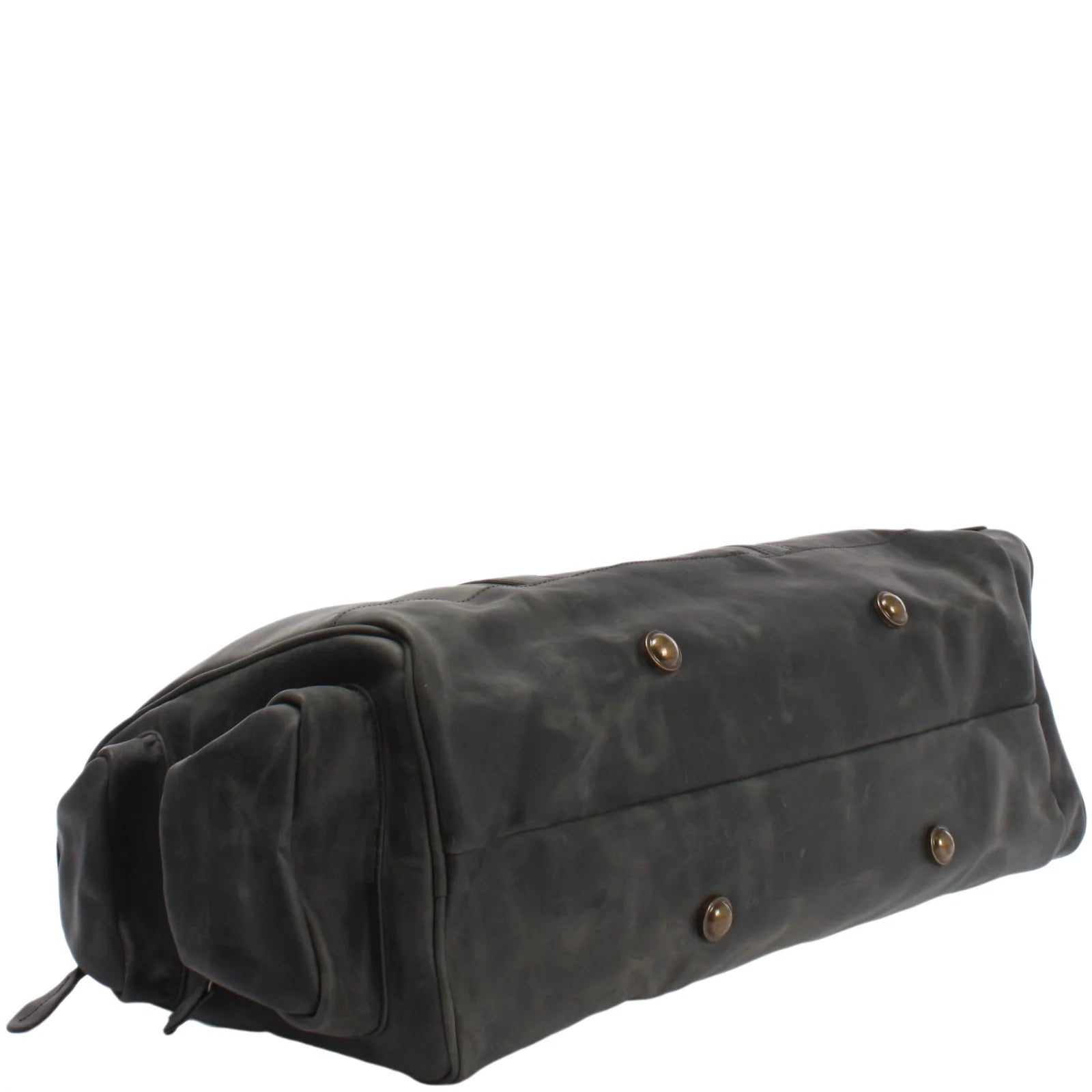 Gray Heritage leather duffel, bottom view showing distressed finish and four metal feet