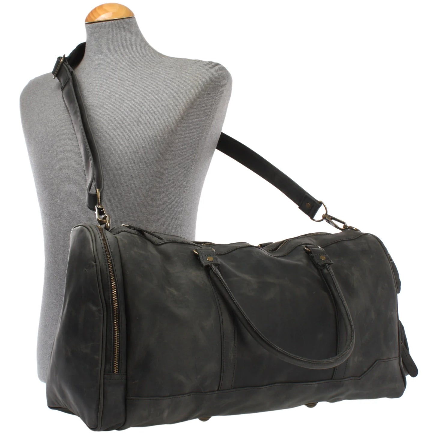Gray Heritage weekender duffel displayed on a mannequin with adjustable shoulder strap