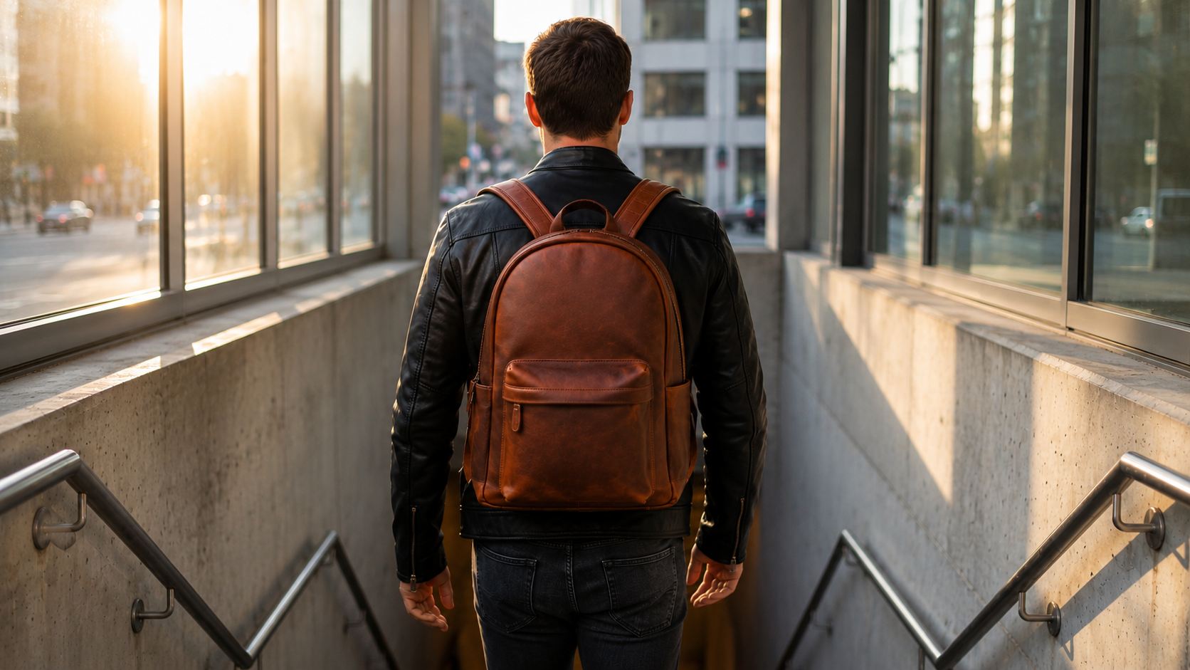A man viewed from behind walking down a concrete stairwell, wearing a black leather jacket and a brown leather backpack.
