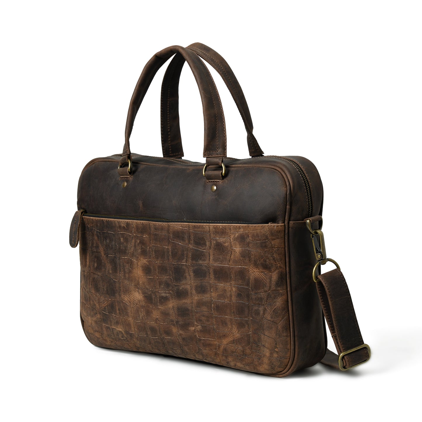 Waxed leather laptop briefcase in an angled front view with handles and hardware