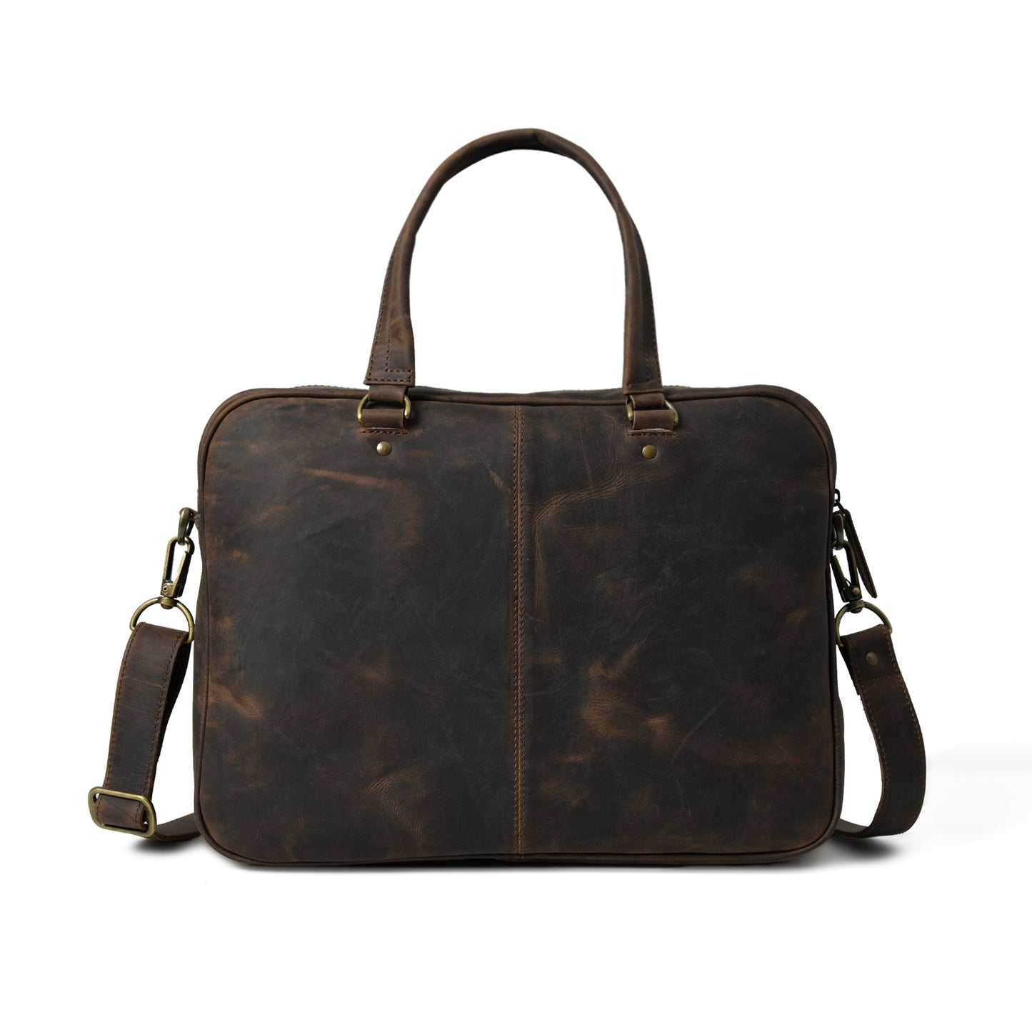 Rear view of waxed leather laptop briefcase showing the back panel and strap attachments