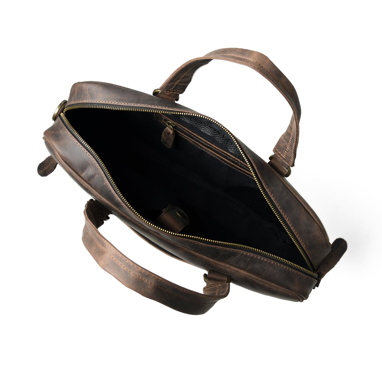 Open waxed leather laptop briefcase showing the lined interior and storage compartments