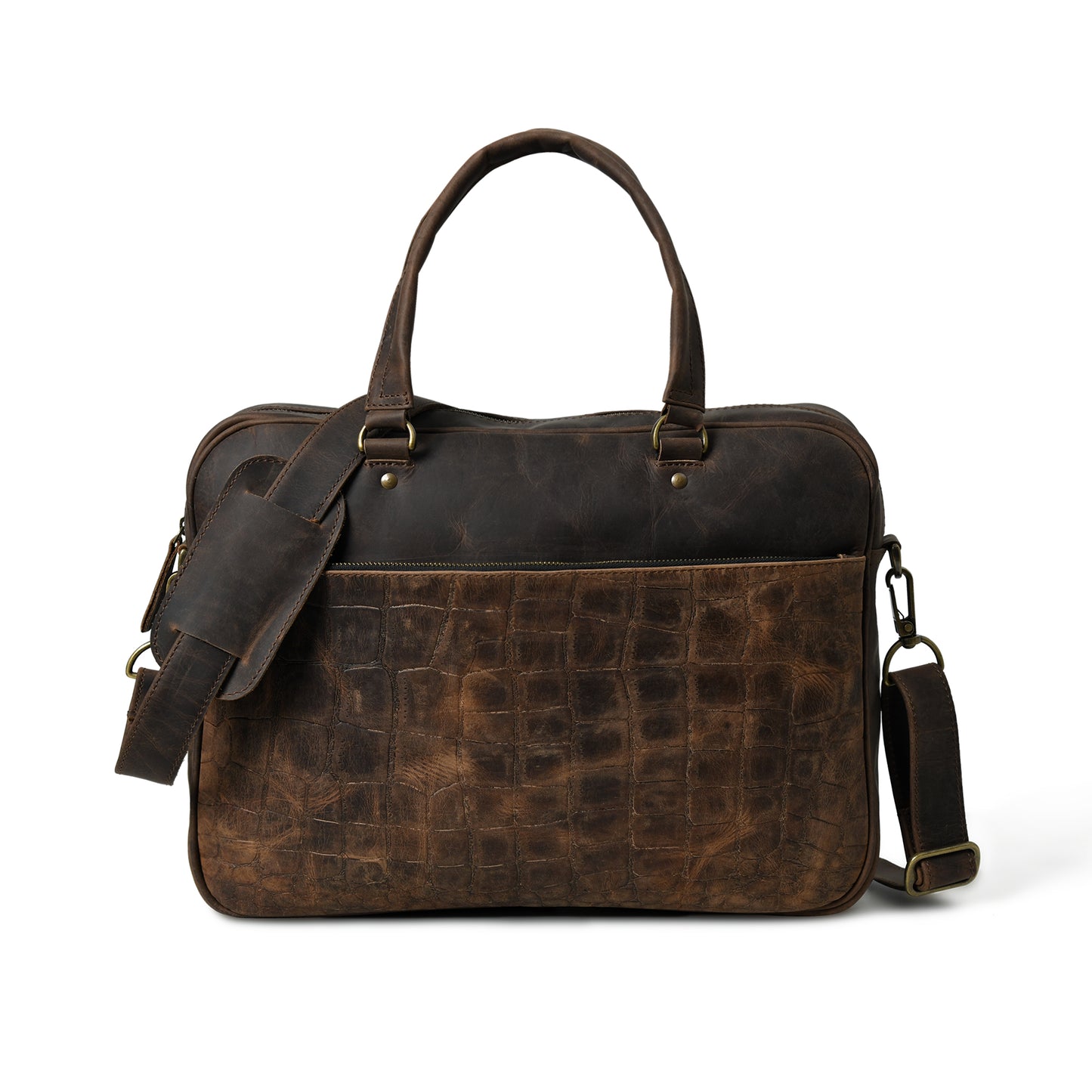 Front view of waxed leather laptop briefcase showing pockets, closure, and hardware