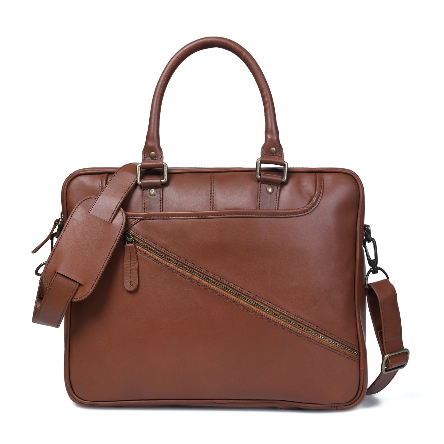 Cuiravo Lucien cognac leather laptop briefcase, front view with diagonal zip pocket and shoulder strap