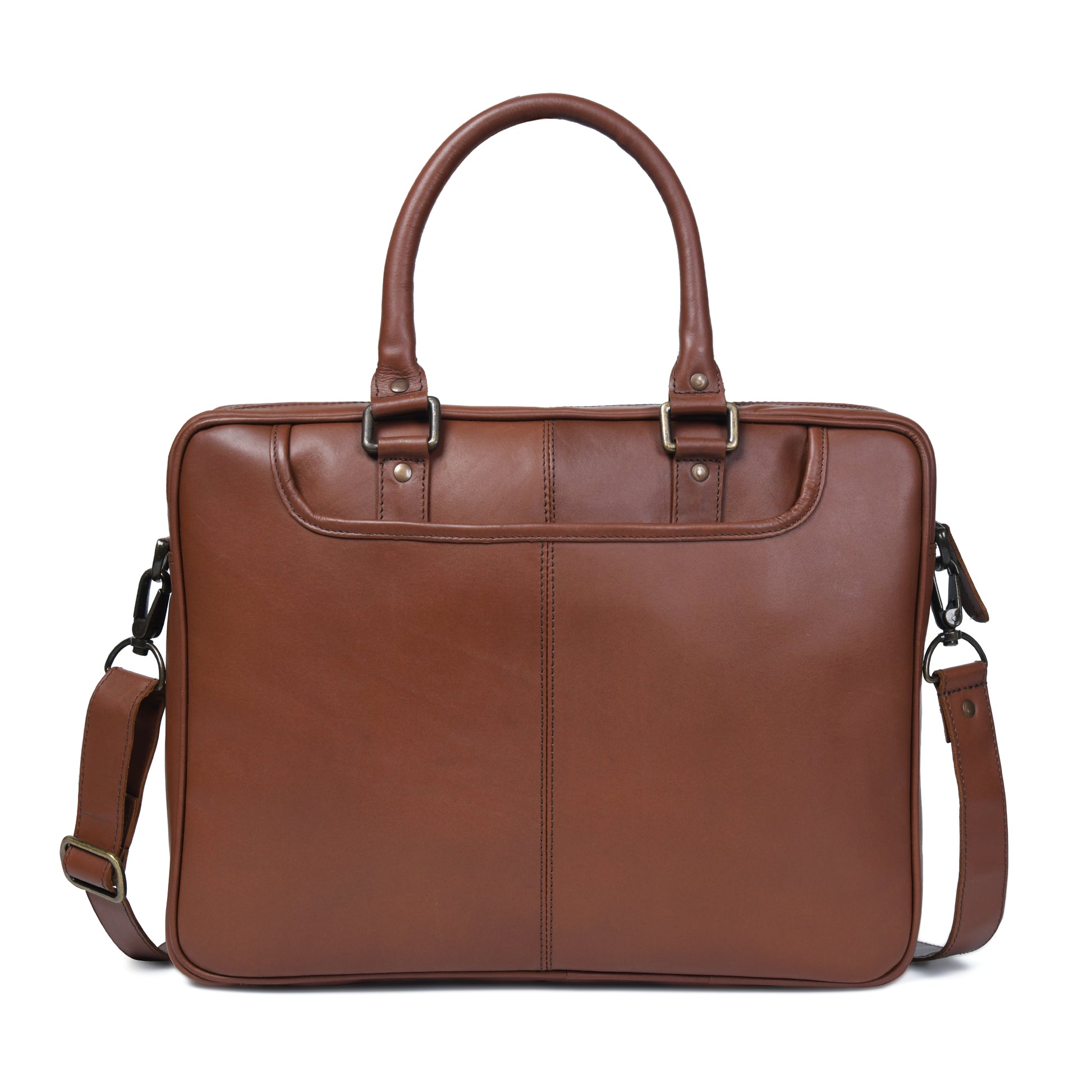 Cuiravo Lucien cognac leather briefcase, rear view with clean panel design and detachable shoulder strap