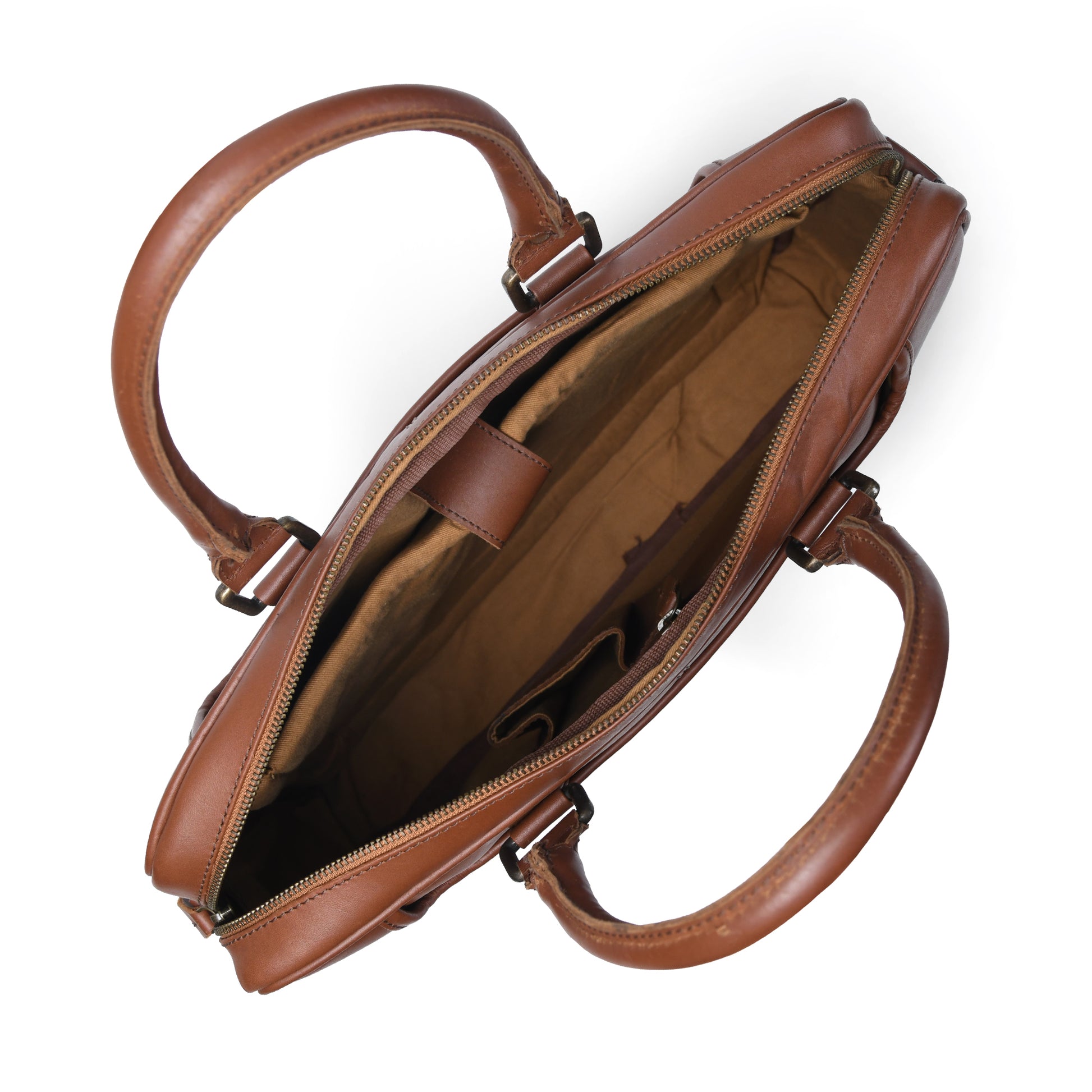Open Cuiravo Lucien leather briefcase showing fabric lining, slip pocket, organizers, and top zip closure