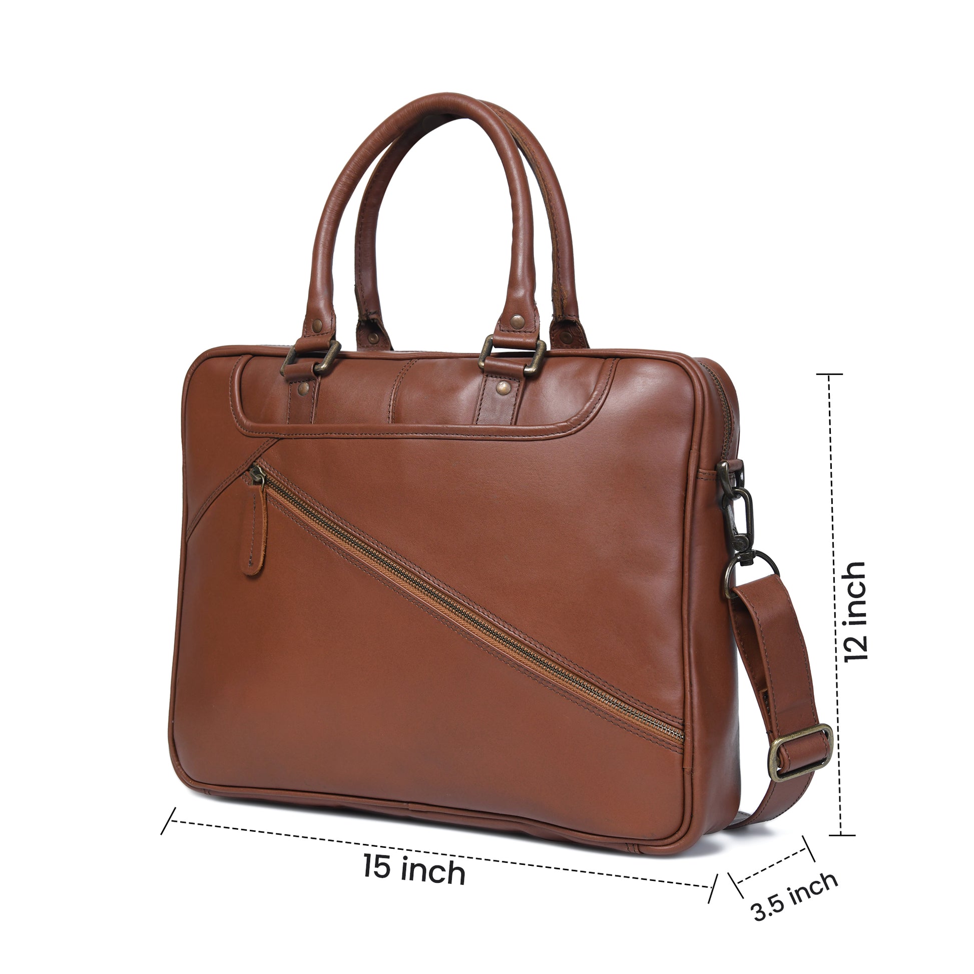 Cuiravo Lucien leather briefcase dimensions: 15 inches long, 12 inches high, and 3.5 inches wide