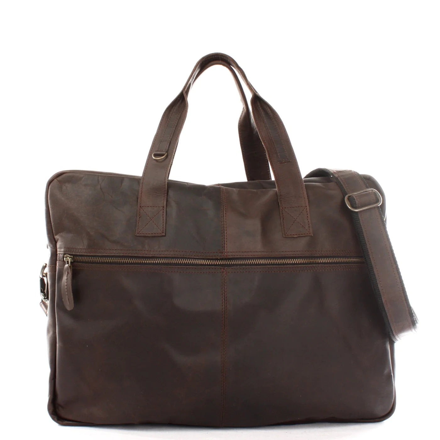 Dark brown Marlow waxed leather travel bag, front view with top handles, front zipper pocket, and shoulder strap