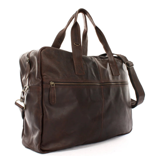 Dark brown Marlow waxed leather travel bag, angled view showing zip top, side depth, and detachable shoulder strap