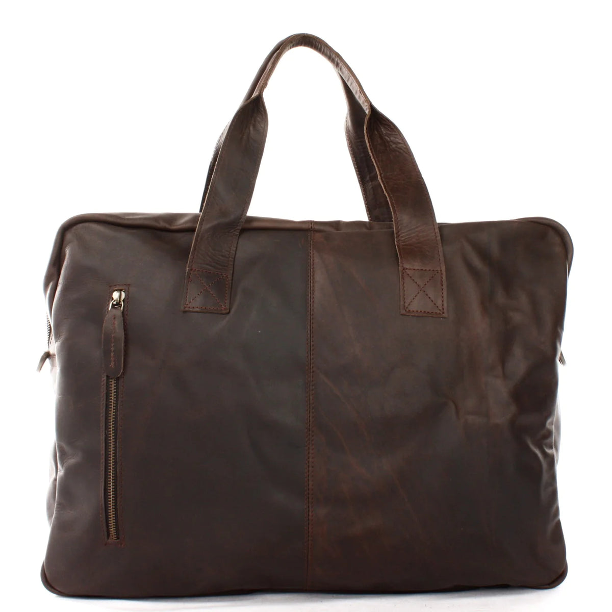 Dark brown Marlow leather traveler, rear view with vertical zipper pocket and reinforced top handles