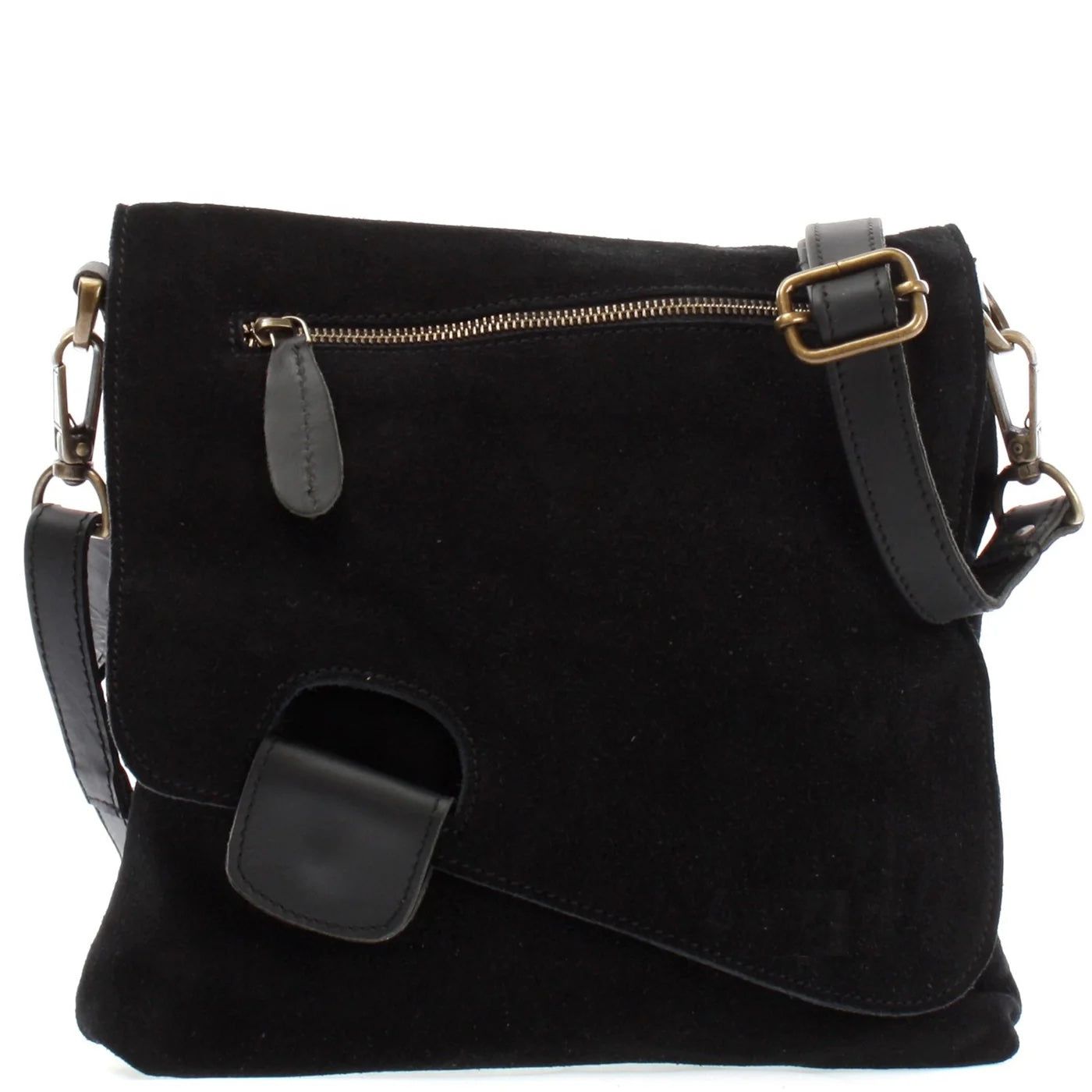 Black Mira suede shoulder bag, front view with black leather trim, front zip pocket, flap, and adjustable strap