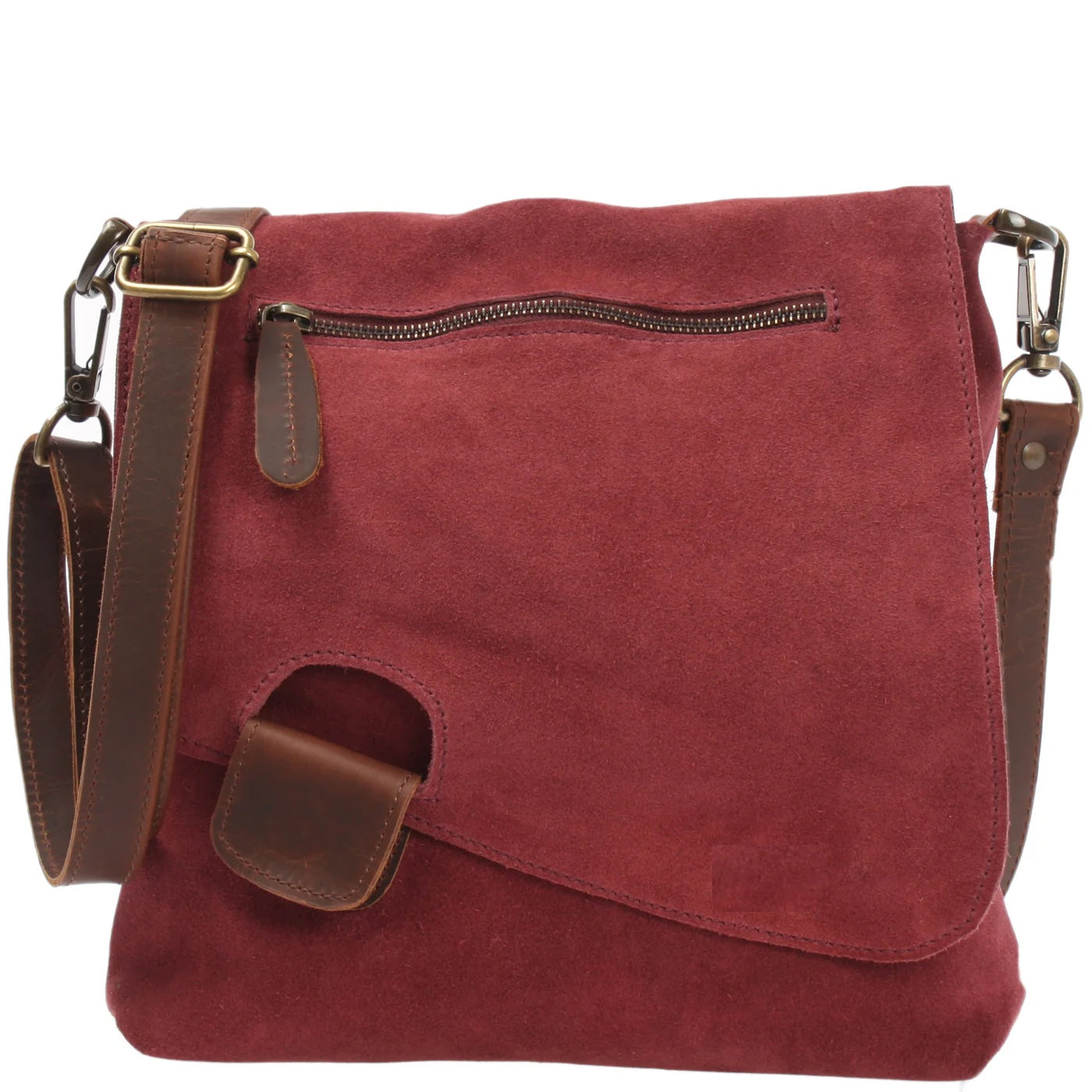 Burgundy Mira suede shoulder bag, front view with brown leather trim, front zip pocket, flap, and adjustable strap