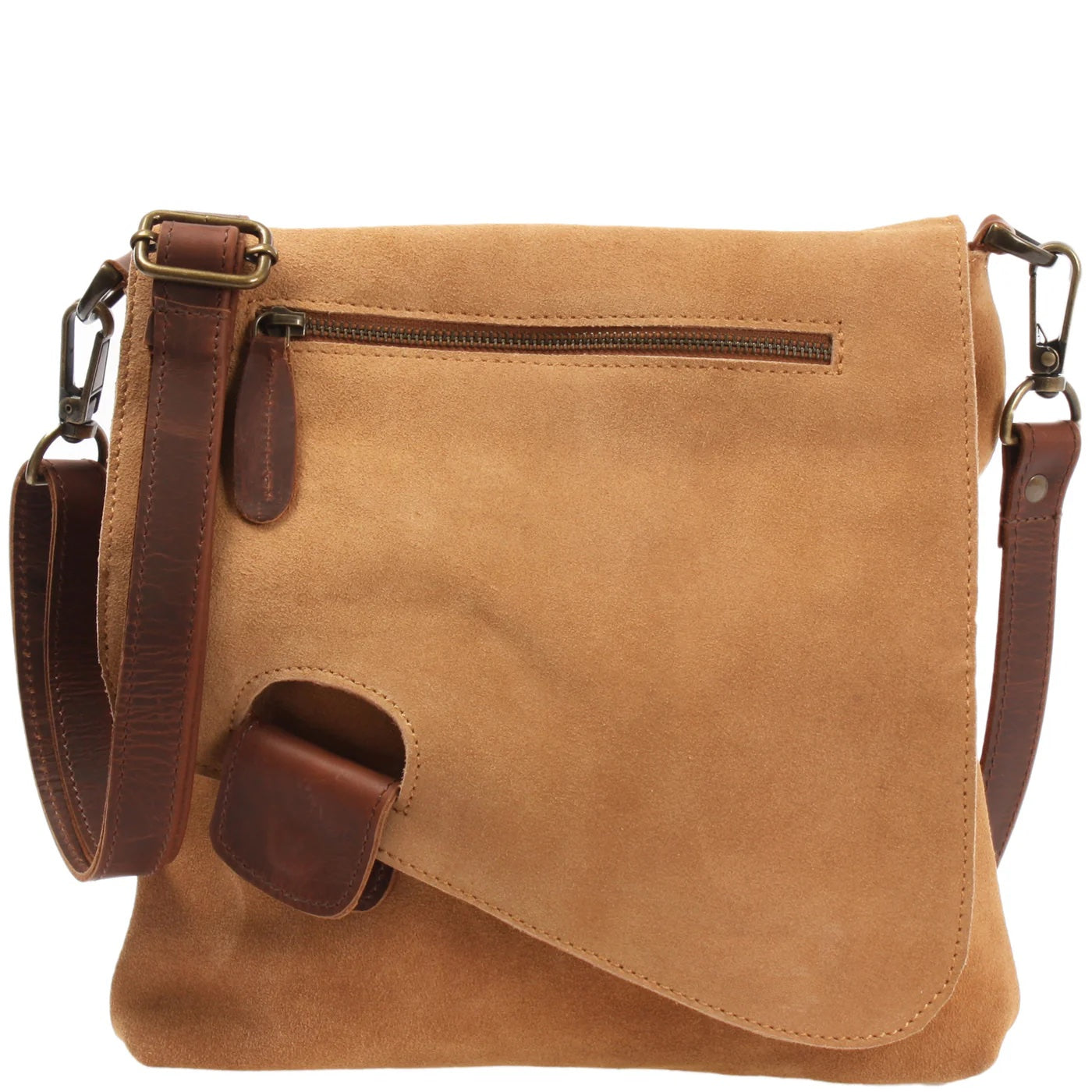 Cognac Mira suede shoulder bag, front view with leather trim, front zip pocket, flap, and adjustable strap