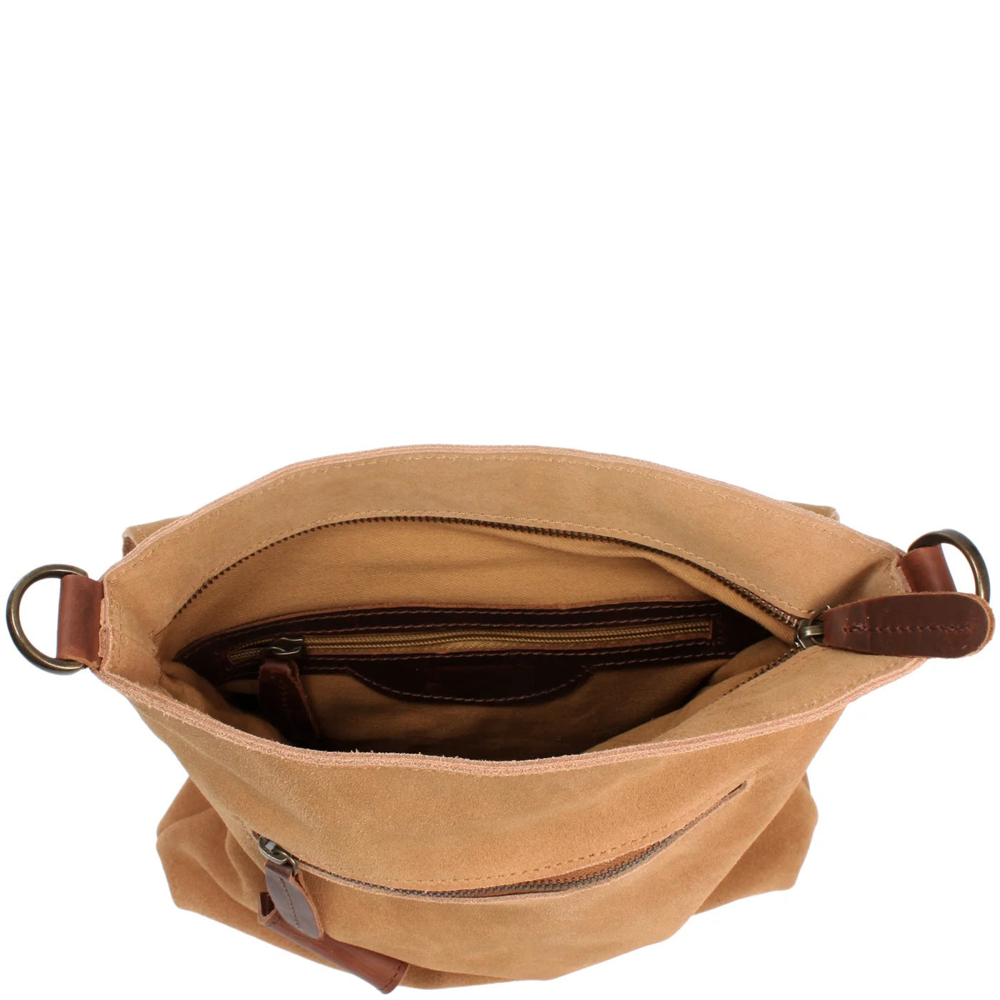 Open cognac Mira suede bag showing zip main compartment, fabric lining, interior zip pocket, and slip pocket