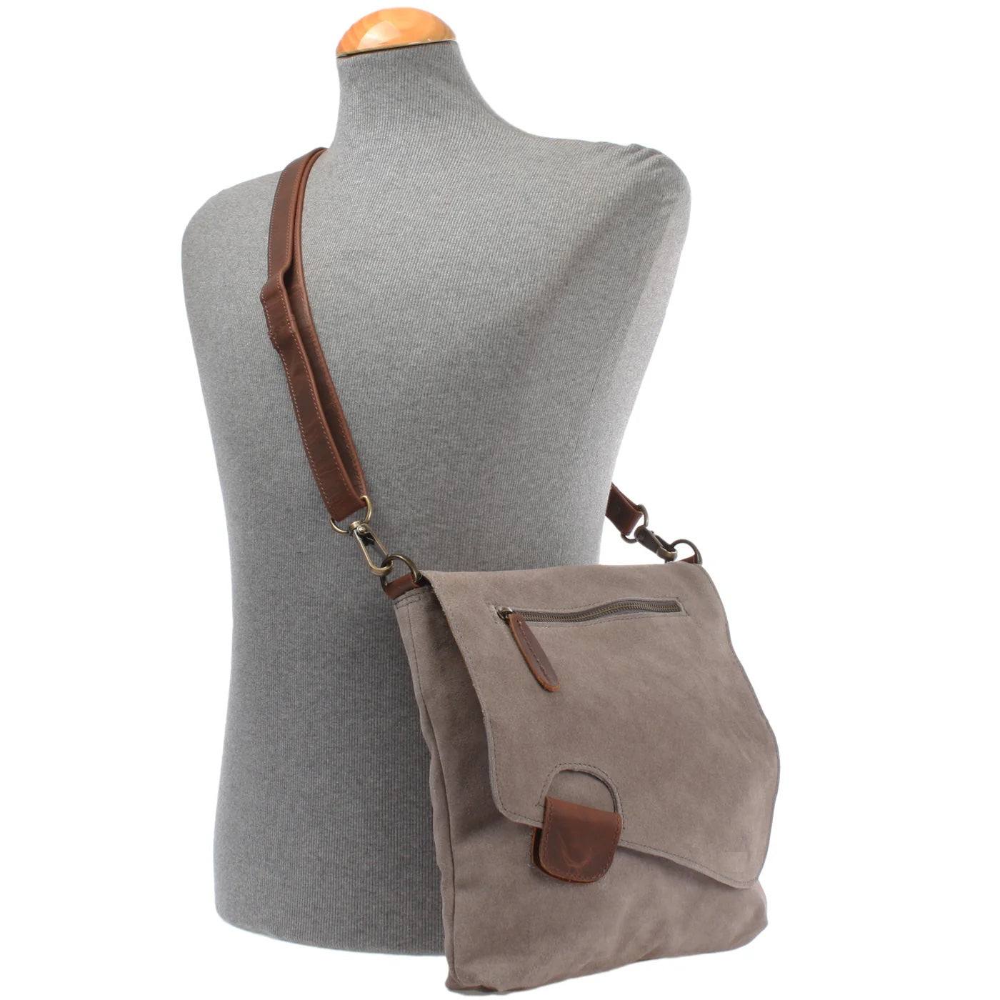 Gray Mira suede and leather shoulder bag worn crossbody on a mannequin, showing size and strap length
