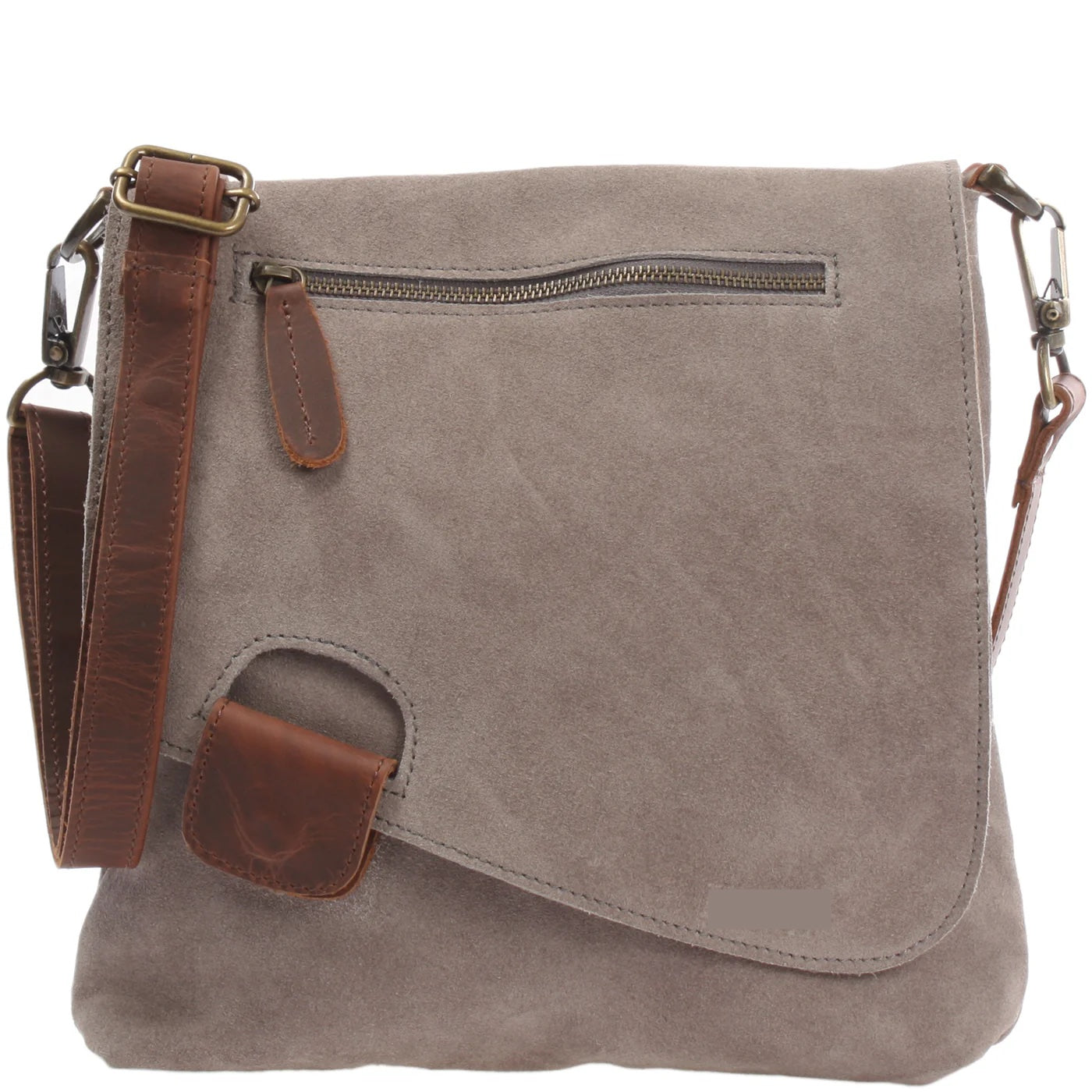 Gray Mira suede shoulder bag, front view with brown leather trim, front zip pocket, flap, and adjustable strap