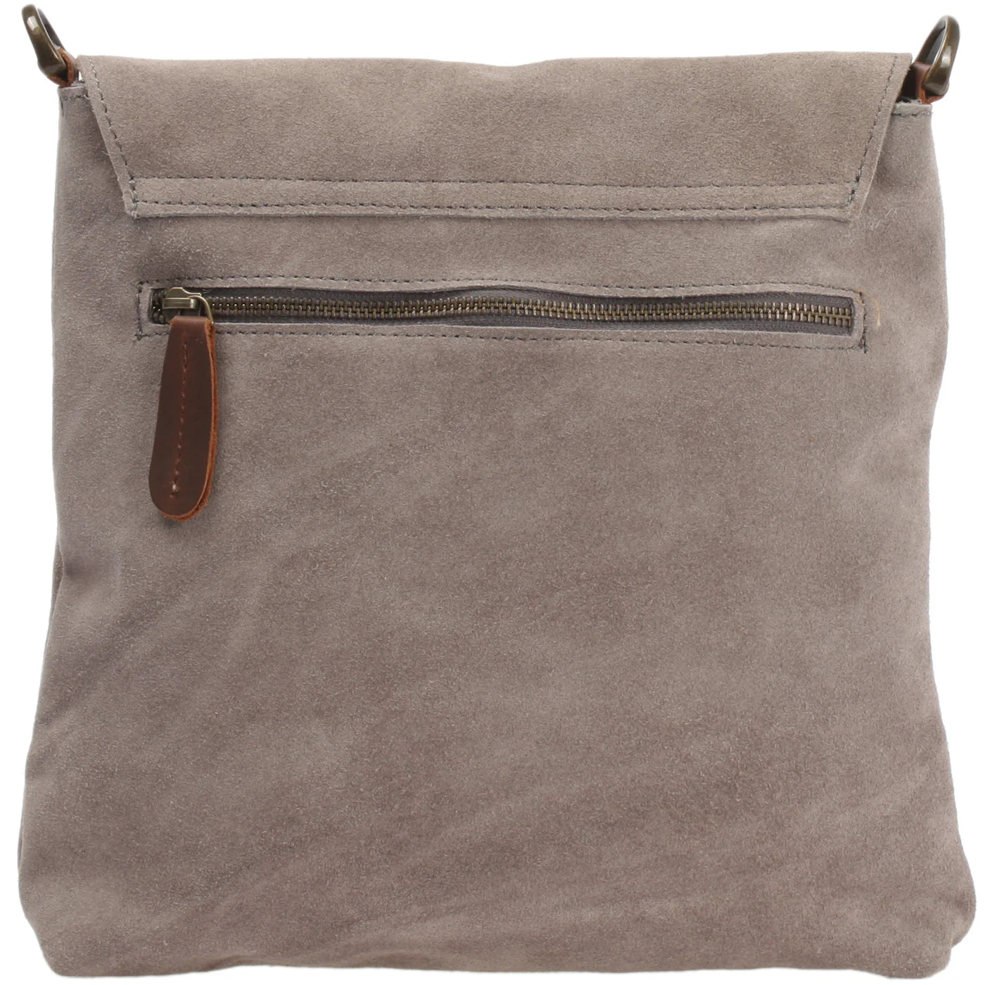 Gray Mira suede shoulder bag, rear view with horizontal zipper pocket and leather pull