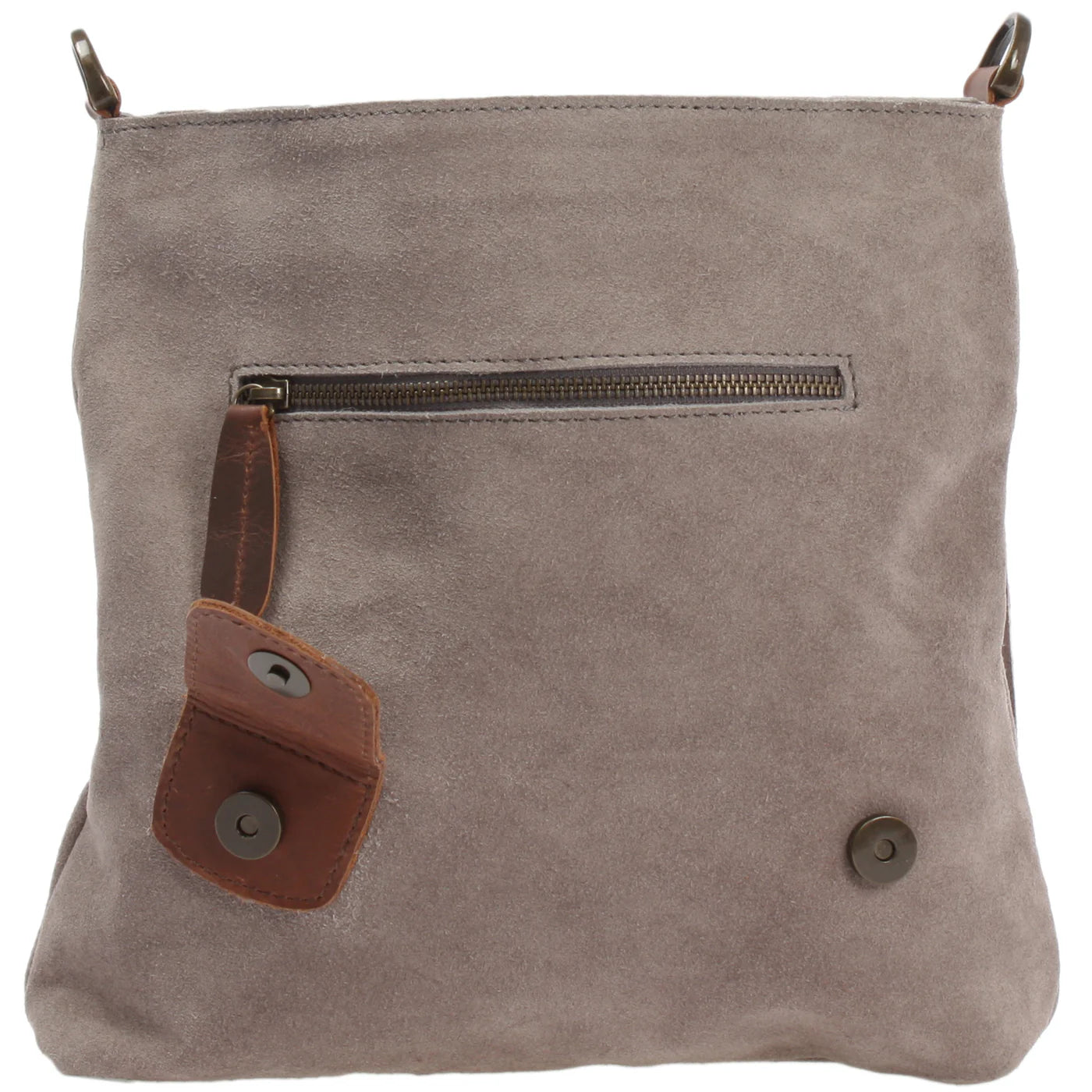 Open gray Mira suede bag with flap raised, showing magnetic snap closure and front zipper pocket