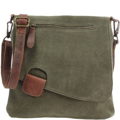 Olive green Mira suede shoulder bag, front view with leather trim, front zip pocket, flap, and adjustable strap