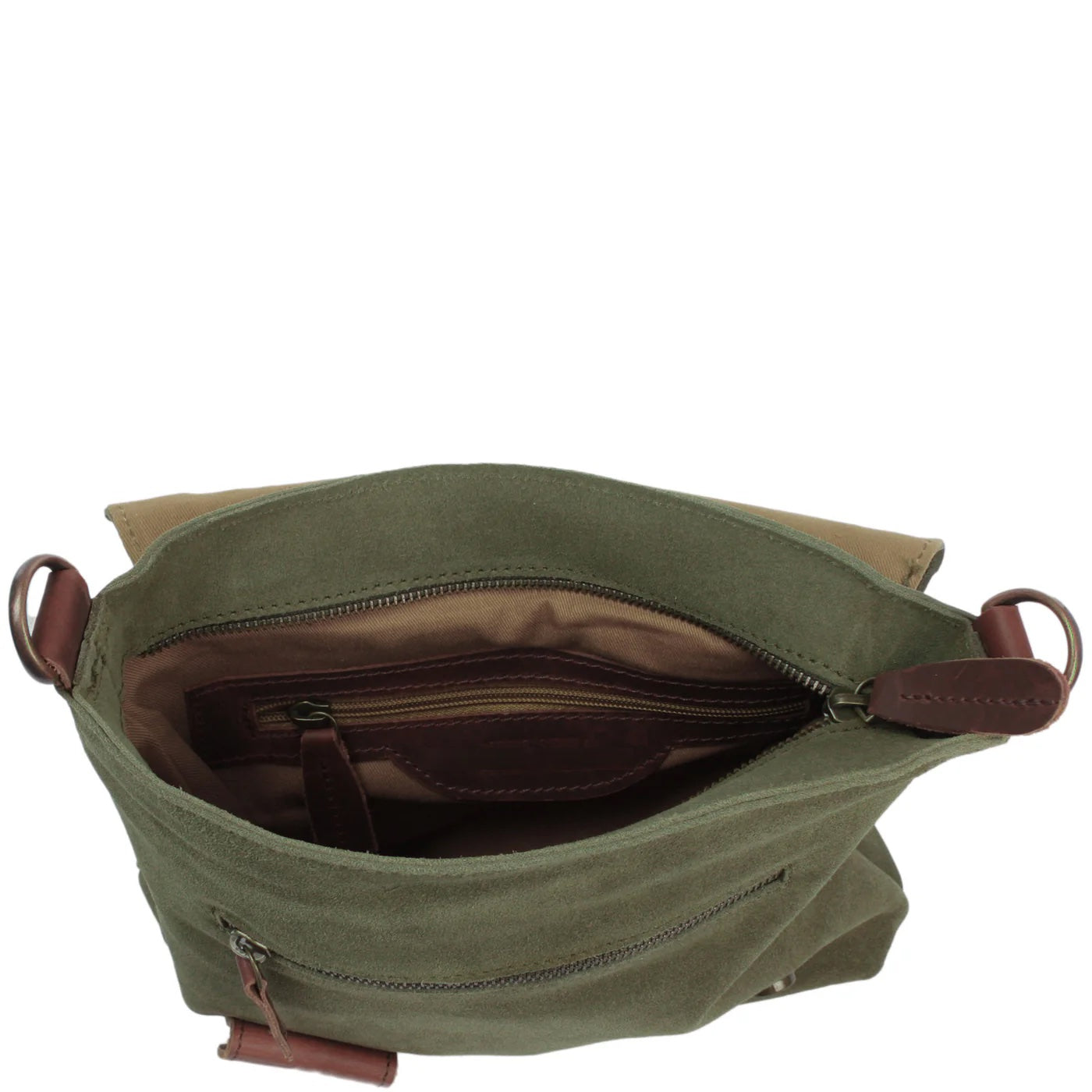 Open olive green Mira suede bag showing fabric lining, interior zip pocket, slip pocket, and main zipper