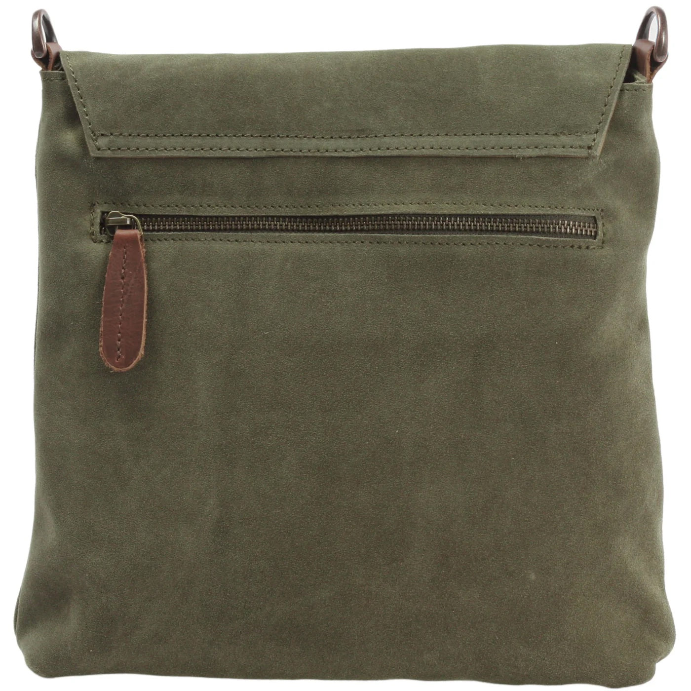 Olive green Mira suede shoulder bag, rear view with horizontal zipper pocket and leather pull