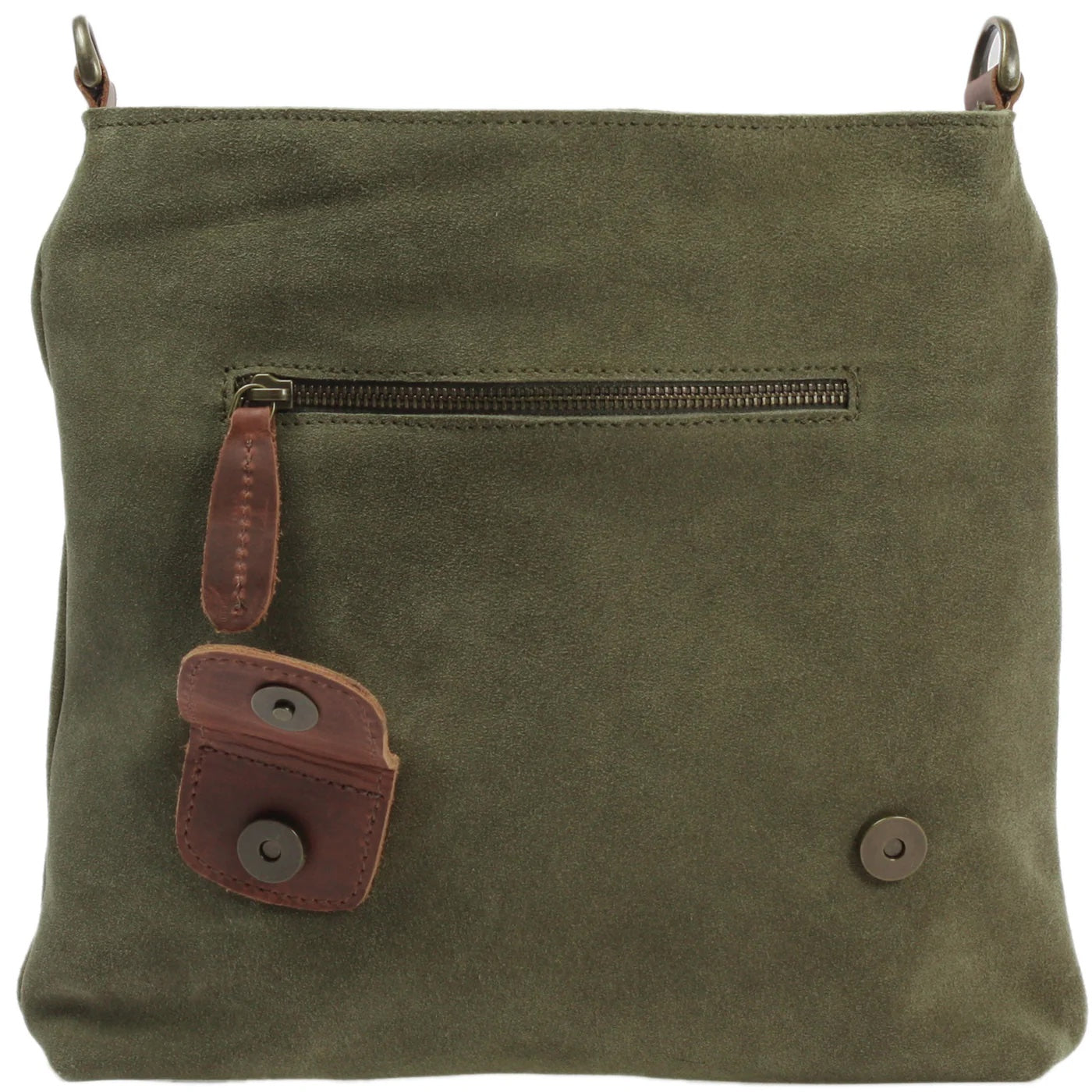 Open olive green Mira suede bag with flap raised, showing magnetic snap closure and front zipper pocket