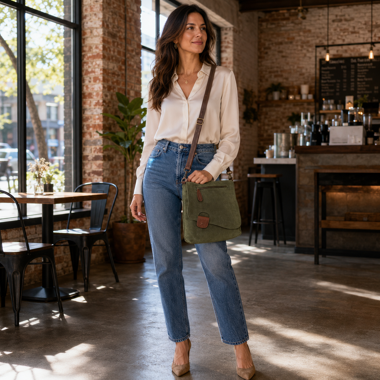 A woman stands in a sunlit cafe wearing a cream button-up shirt, blue jeans, and beige heels, carrying an olive green Mira suede shoulder bag with brown leather details.