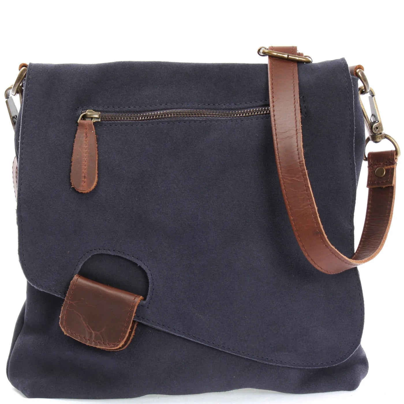 Navy Mira suede shoulder bag, front view with brown leather trim, front zip pocket, flap, and adjustable strap