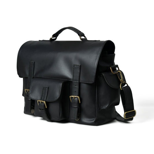 Waxed leather laptop briefcase in an angled front view with handles and hardware