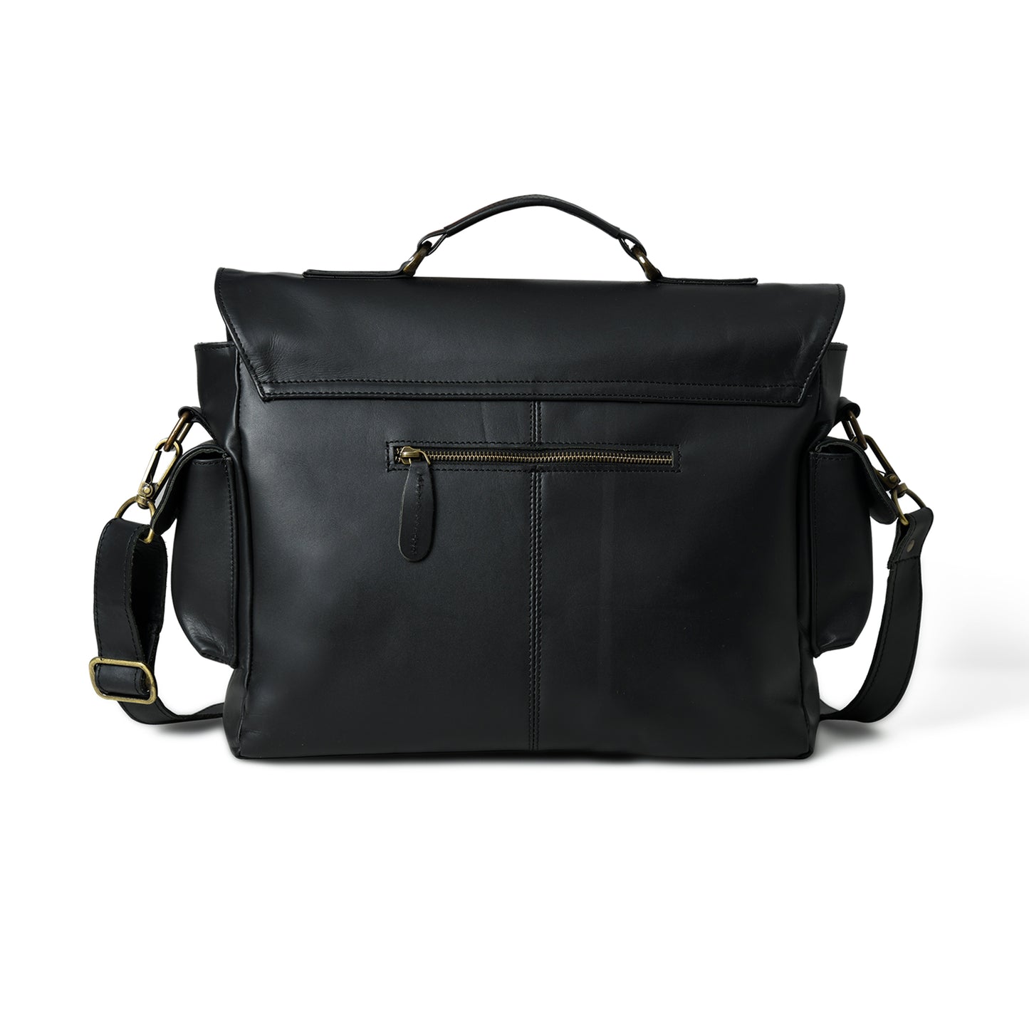 Rear view of waxed leather laptop briefcase showing the back panel and strap attachments