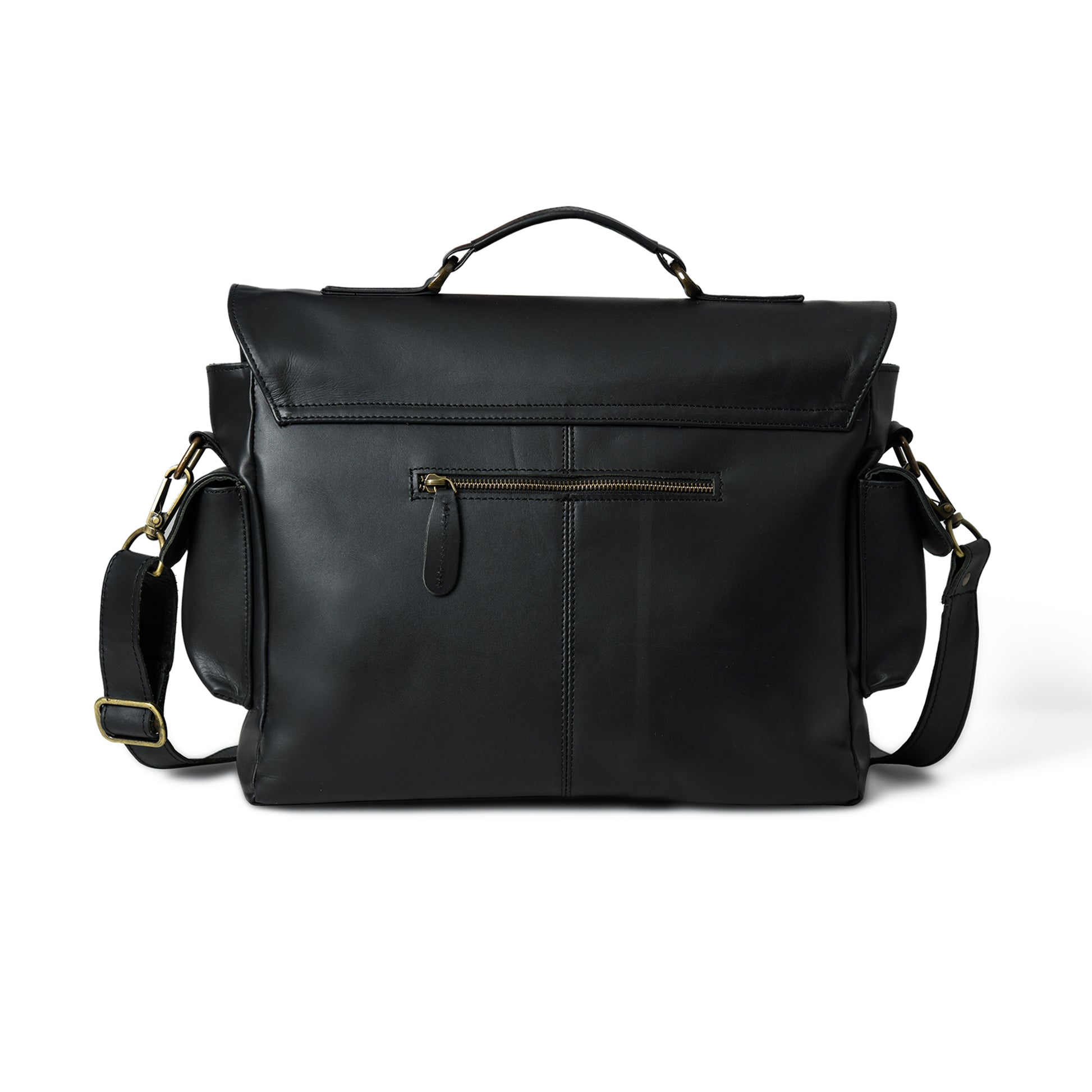 Rear view of waxed leather laptop briefcase showing the back panel and strap attachments