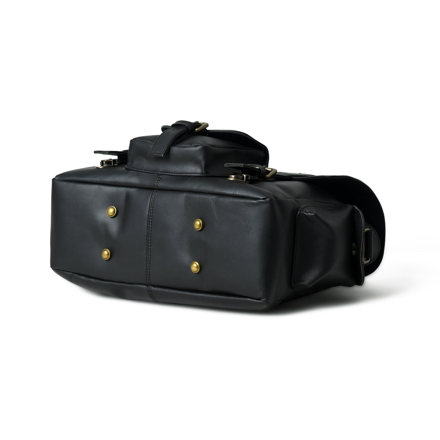 Bottom view of waxed leather laptop briefcase showing the reinforced base and edge stitching