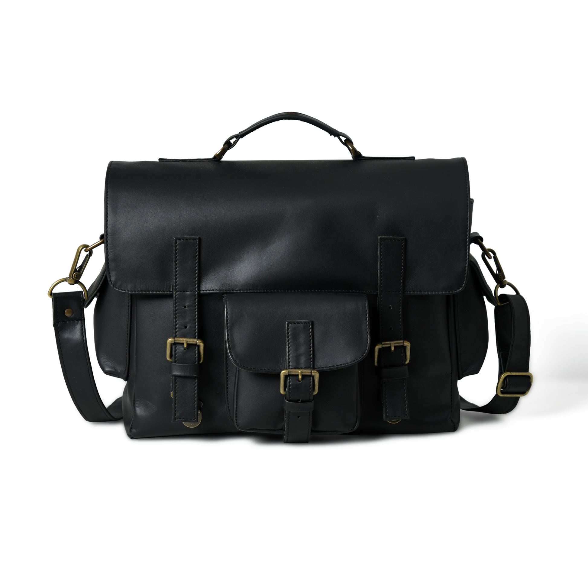 Front view of waxed leather laptop briefcase showing pockets, closure, and hardware