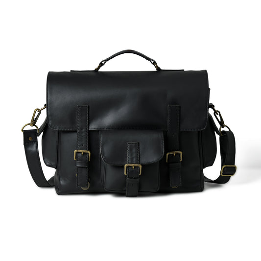 Front view of waxed leather laptop briefcase showing pockets, closure, and hardware
